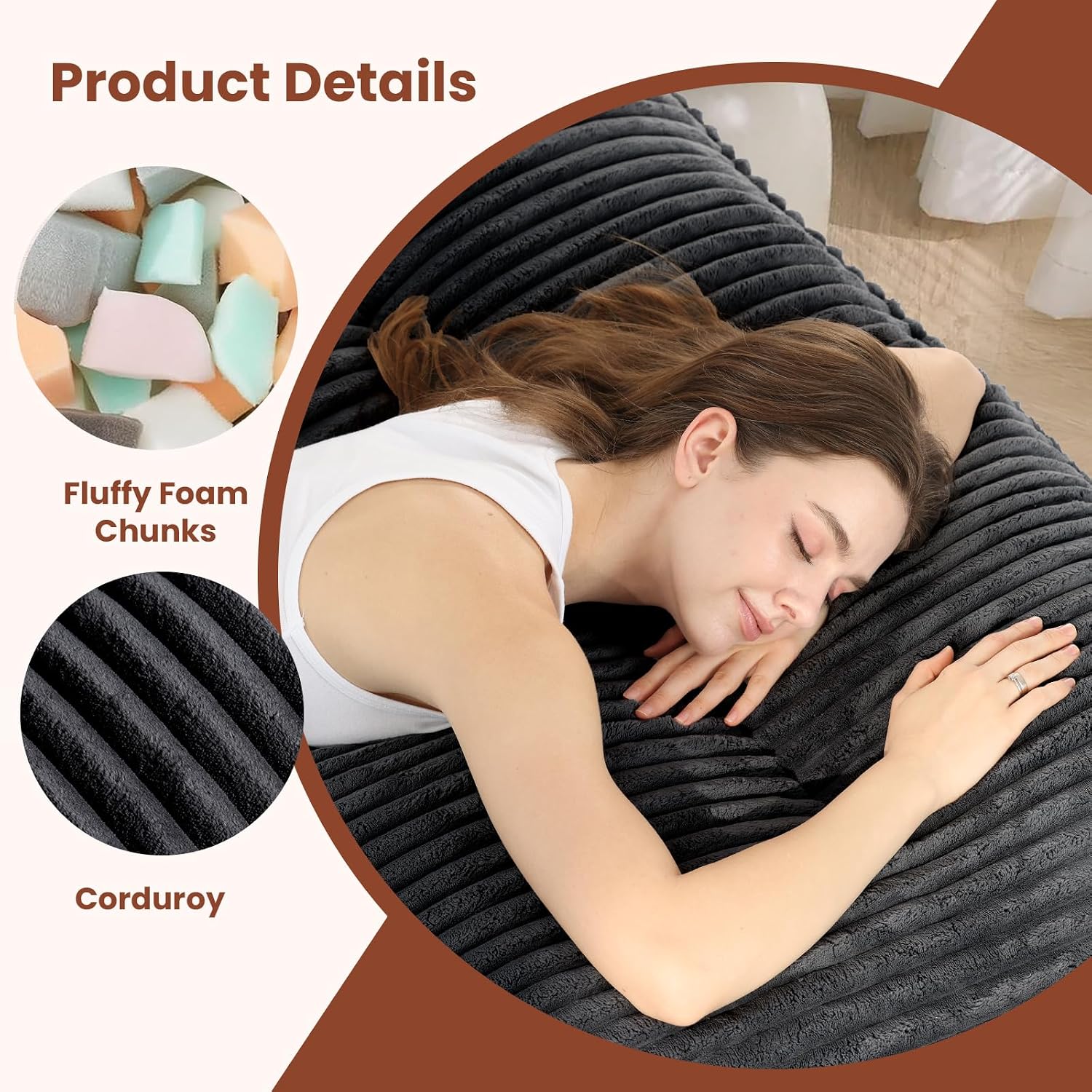 10 Inch Thick Futon Mattress, Shredded High Density Foam Floor Mattress, Portable Foldable Sleeping Mattress, Corduroy Lounger Bed for Guest Room Dorm Apartment Camping Travel