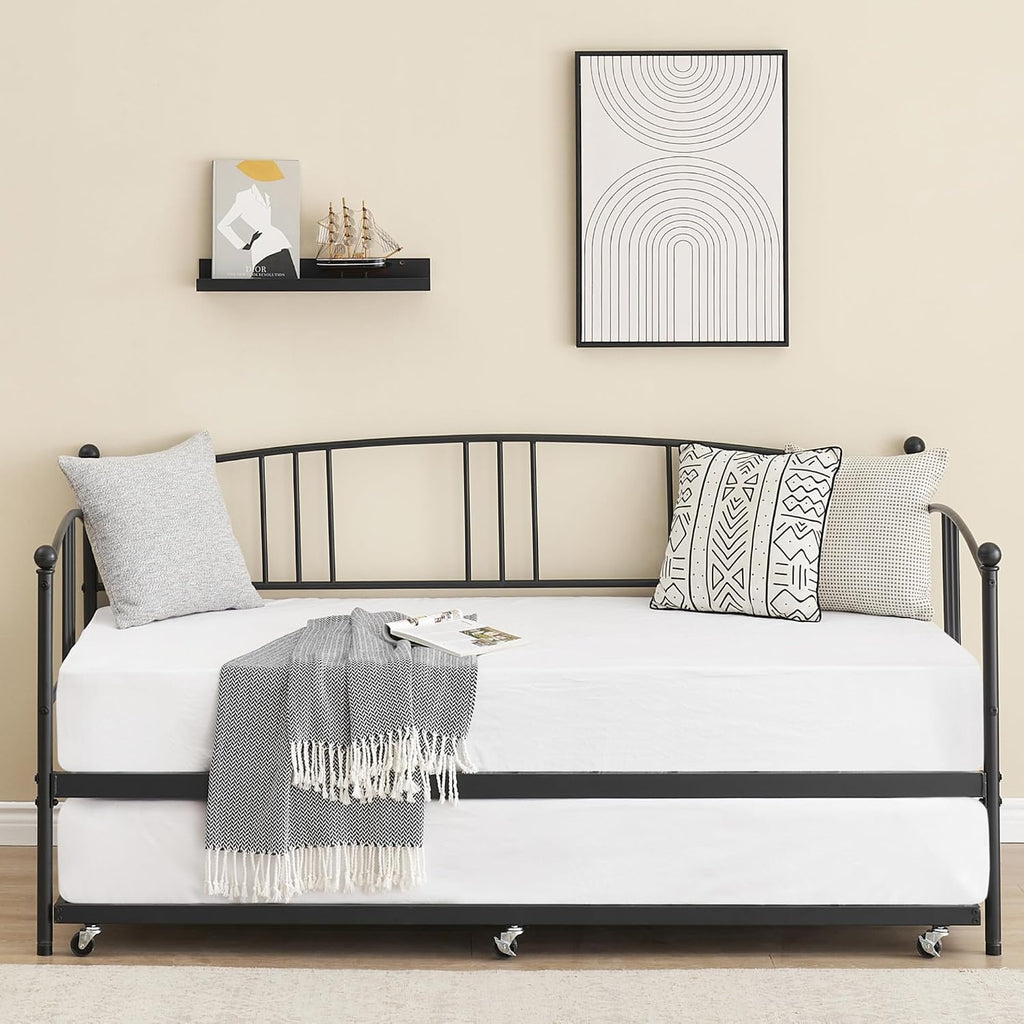 IDEALHOUSE Twin Daybed with Trundle, Metal Twin Size Daybed with Pullout Trundle 6 Casters, Steel Slat Support Sofa Bed for Living Room, Bedroom, Guest Room (Black)