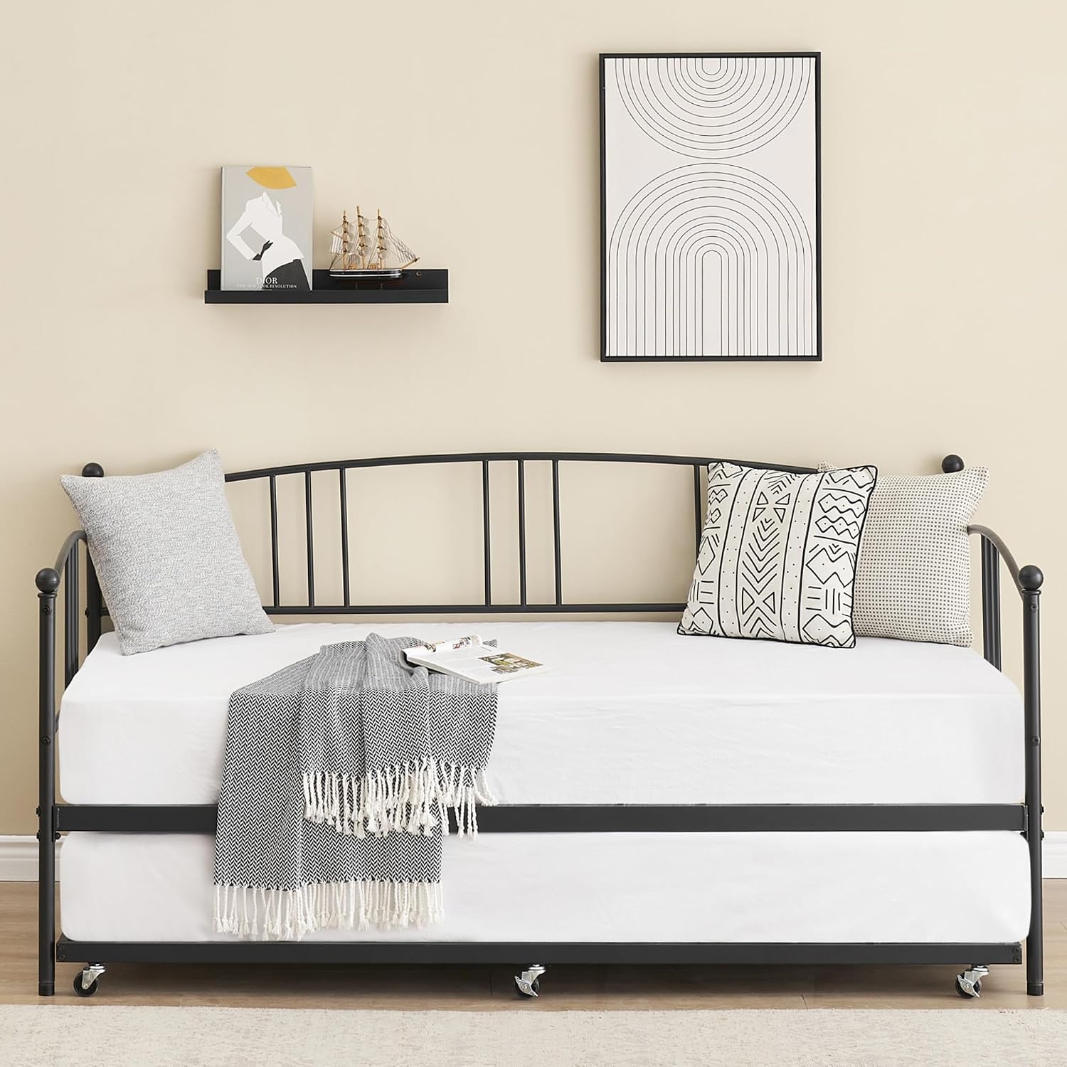 IDEALHOUSE Twin Daybed with Trundle, Metal Twin Size Daybed with Pullout Trundle 6 Casters, Steel Slat Support Sofa Bed for Living Room, Bedroom, Guest Room (Black)