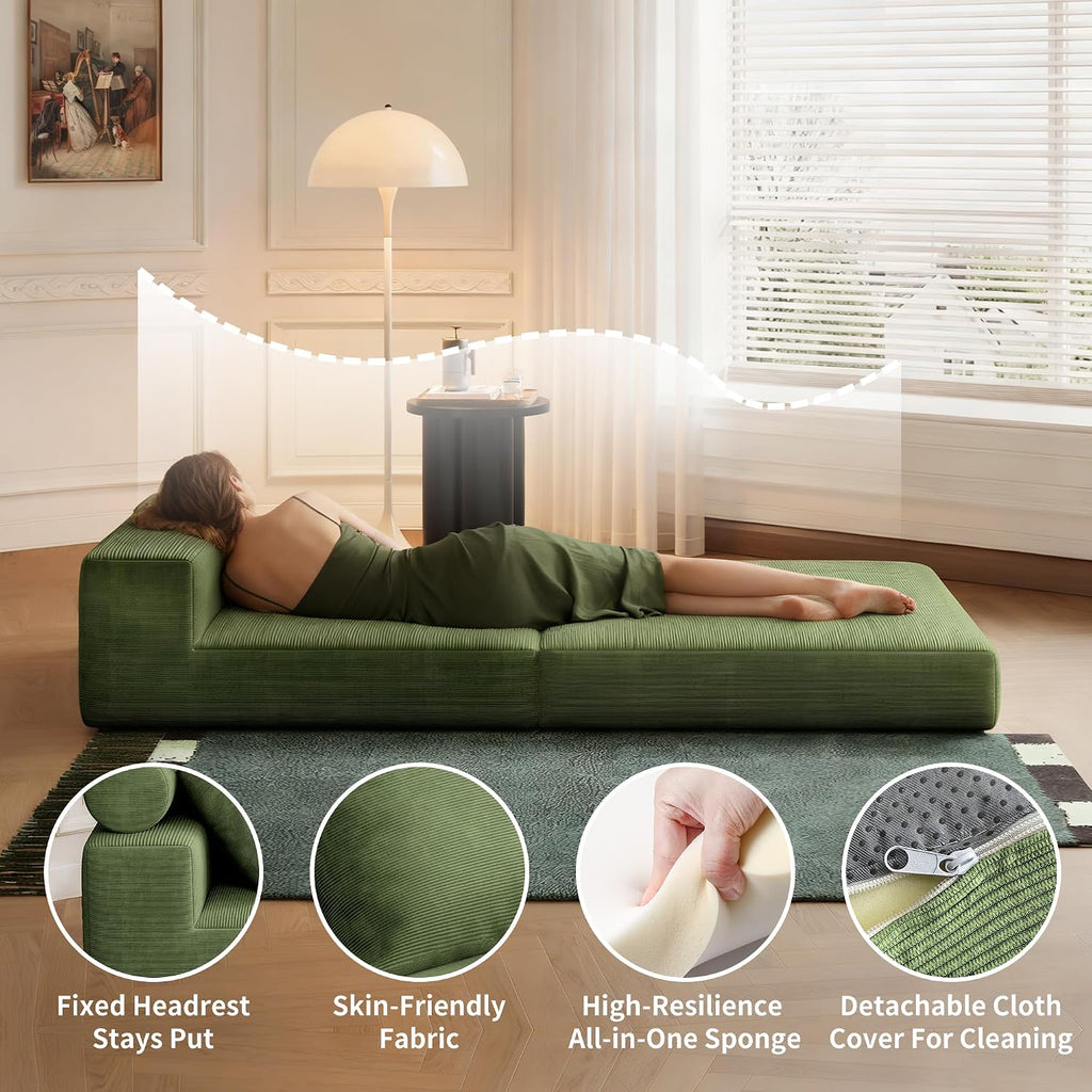 Folding Sofa Bed, 3-in-1 Convertible Sleeper Chair Bed with Pillows, Foldable Floor Couch with High-Density Foam, Futon Small Boneless Couch for Living Room Bedroom Lounge, Single, Green