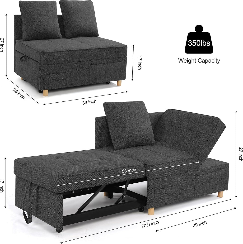 SEJOV Sofa Bed 4-in-1 Convertible Sofas & Couches, 3-Seat Linen Fabric loveseat Sofa with 2 Throw Pillow, Single Recliner for Small Space with 5 Adjustable Backrest, Black