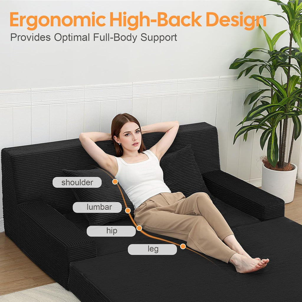 MeMoreCool 59' Loveseat Boneless Couch — Convertible Futon Sofa Bed, Corduroy Foldable 2-in-1 Floor Sleeper for Small Living Room, Apartment, Guest Room, High-Density Foam Support & Washable Cover