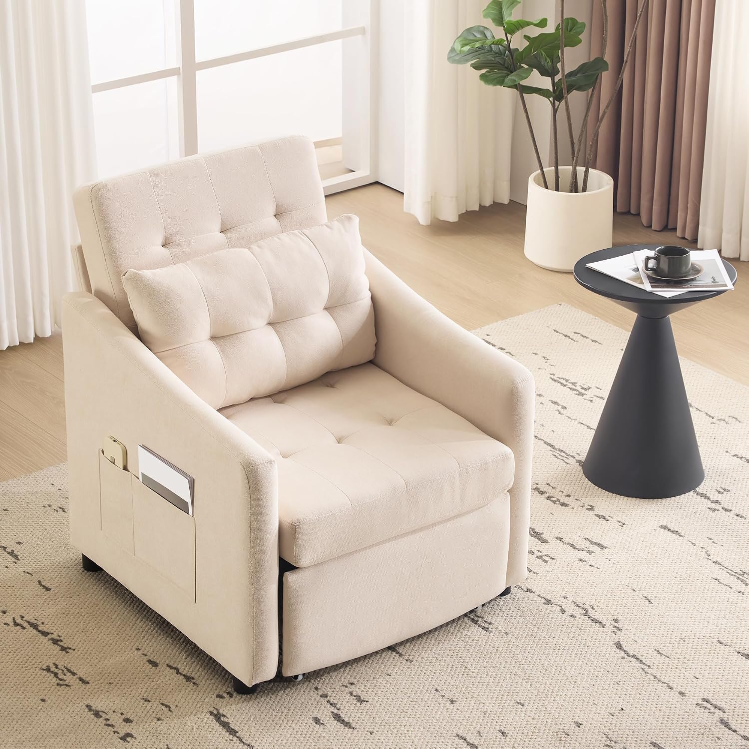 Bezseller Sleeper Sofa Chair Bed, 3-in-1 Convertible Sleeper Chair with Storage Drawer, Pull Out Couch with Side Pocket, Pillow, and Adjustable Backrest, for Living Room Bedroom Apartment, Beige
