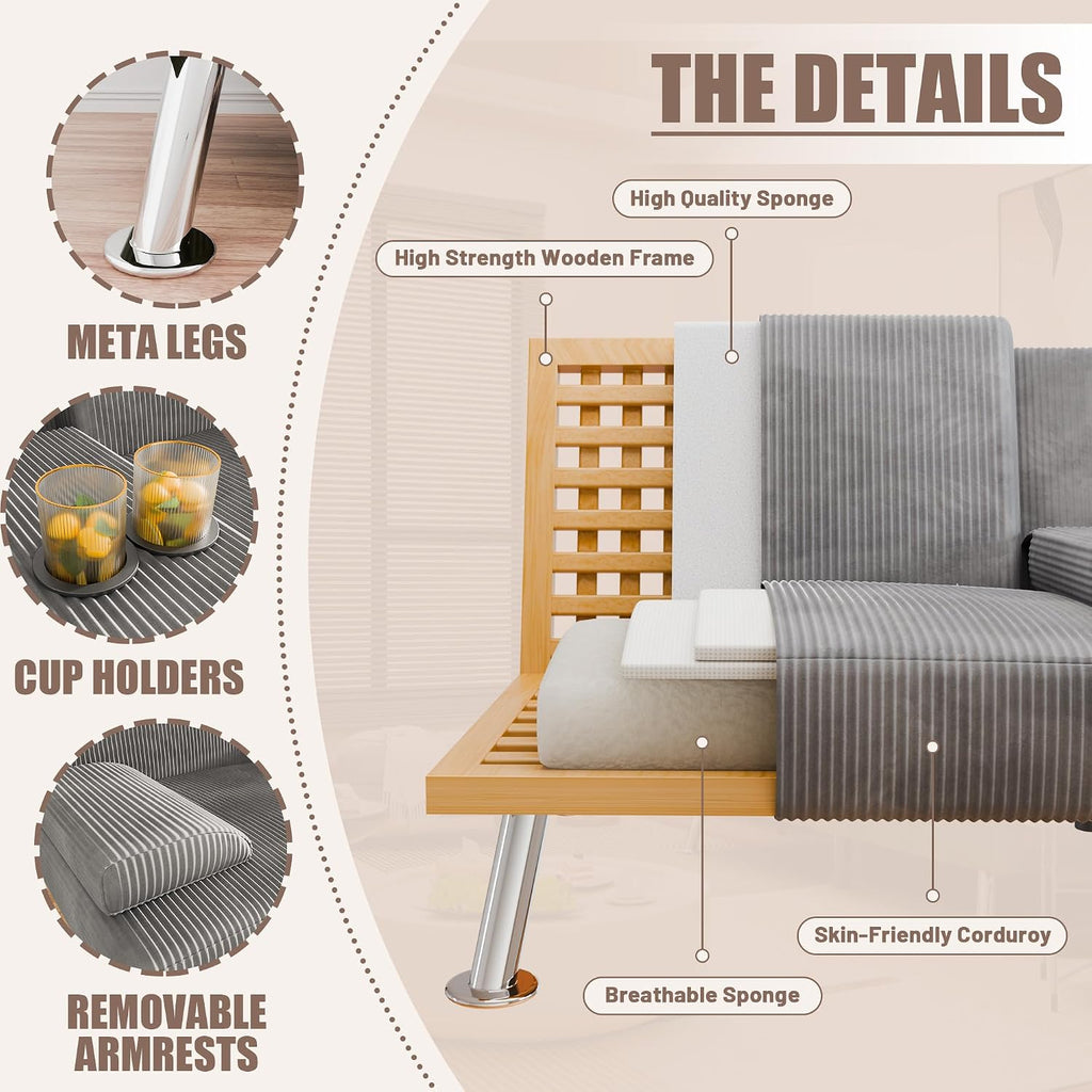 YESHOMY Futon Sofa Bed, Futon Couch with Adjustable Backrest, Convertible Sleeper Sofa with Removable Armrests, Loveseat in Corduroy with 2 Cup Holders for Living Room, Apartment (Grey)