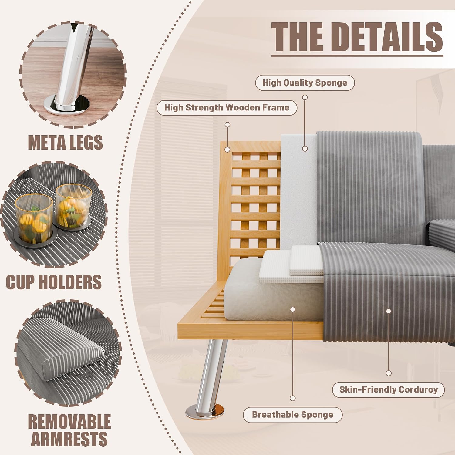 YESHOMY Futon Sofa Bed, Futon Couch with Adjustable Backrest, Convertible Sleeper Sofa with Removable Armrests, Loveseat in Corduroy with 2 Cup Holders for Living Room, Apartment (Grey)