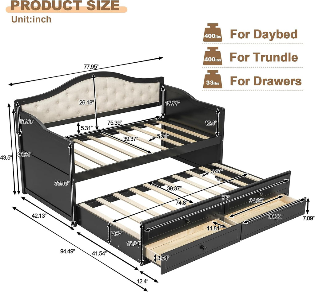 Merax Twin Daybed with Trundle and 2 Storage Drawers, Wooden Sofa Bed Twin Bed Frame with Upholstered Button Tufted Backrest for Living Room, Bedroom, Guest Room (Black)
