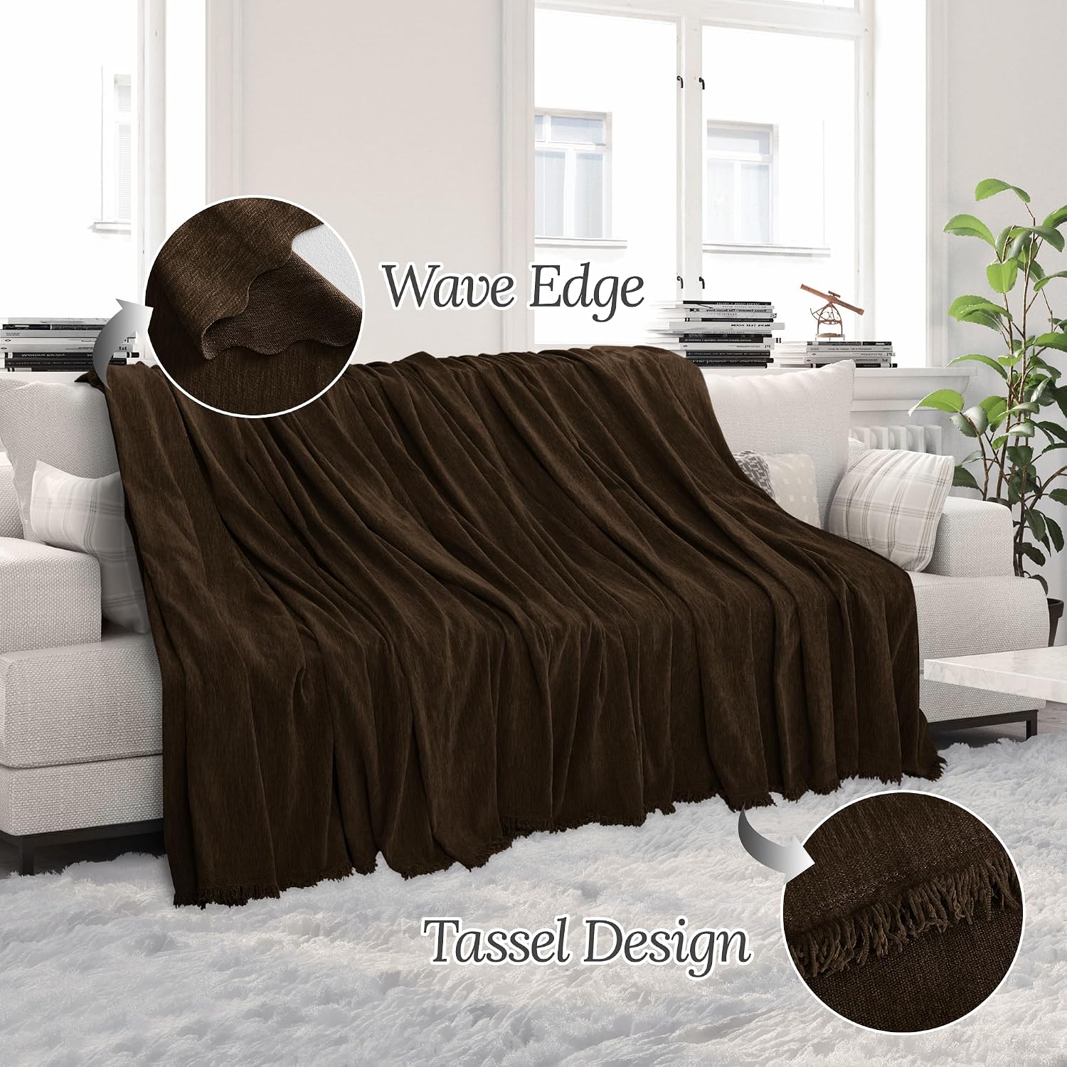HDCAXKJ Corner Sectional Couch Covers for Dogs L Shape Sofa Cover with Tassel Chenille Super Soft Non Slip U Shaped Couch Cover Blanket Washable Sectional Slipcover Protector (Chocolate, 91x276 inch)
