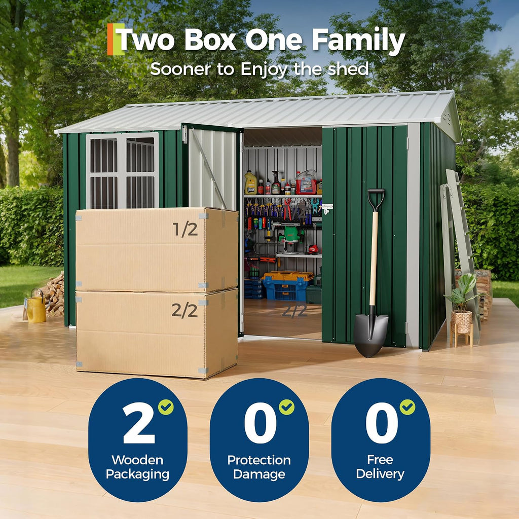 GarveeLife 8x10 FT Outdoor Storage Shed,450CU.T Metal Tool Shed with Clear Window, Lockable Doors,Large Garden Storage Box with Sloping Roof，Sheds&Outdoor Storage for Backyard Garden Patio Lawn, Green