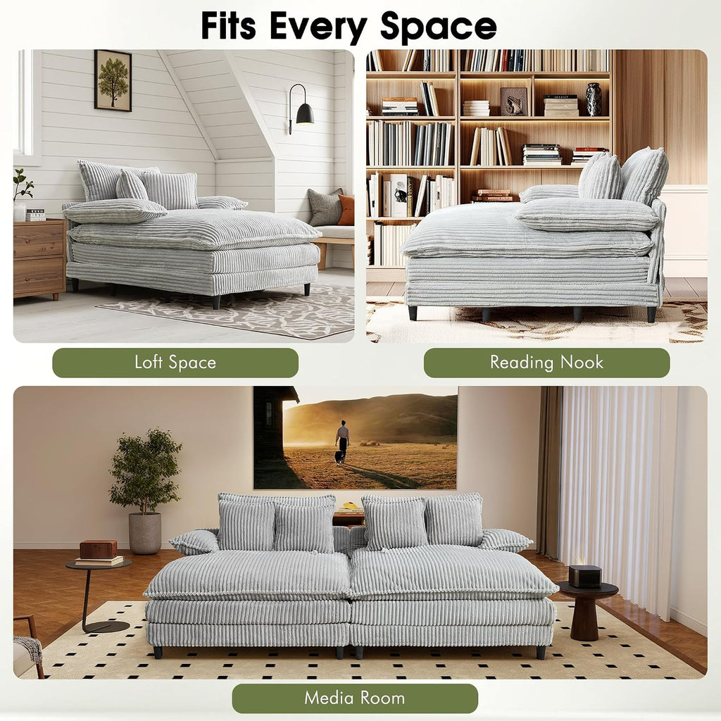 WESTSETLUX 54.8' W Oversized Chaise Lounge Chair Indoor with 5-Position Adjustable Backrest, Corduroy Sleeper Sofa Bed with 3 Pillows, Modern Cloud Couch Chair for Living Room, Bedroom, Grey