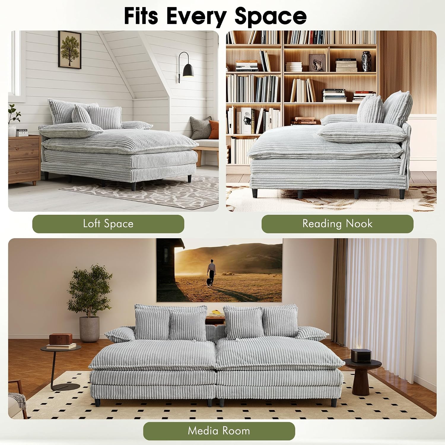 WESTSETLUX 54.8' W Oversized Chaise Lounge Chair Indoor with 5-Position Adjustable Backrest, Corduroy Sleeper Sofa Bed with 3 Pillows, Modern Cloud Couch Chair for Living Room, Bedroom, Grey