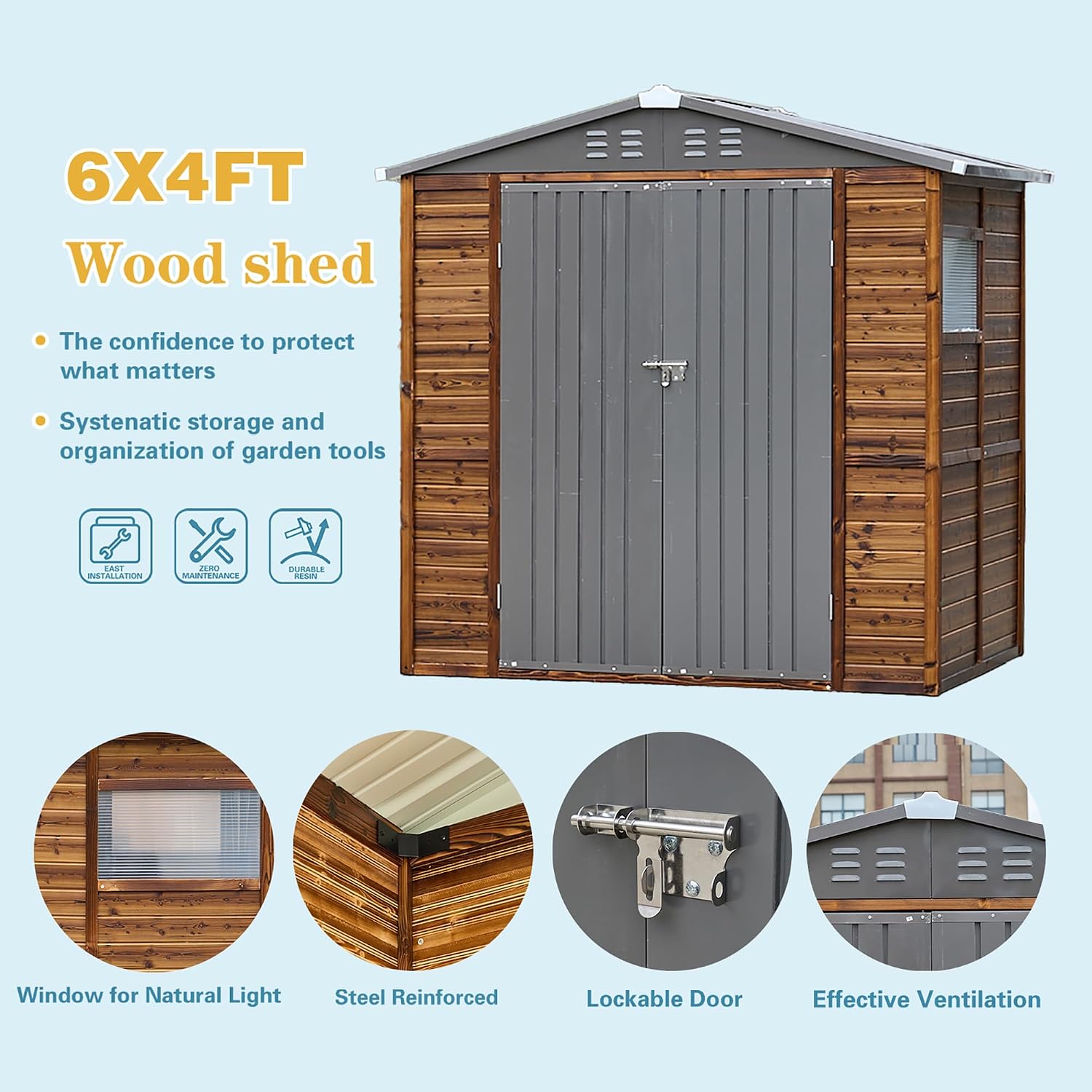 6x4 FT Outdoor Wood Storage Shed, Garden Tool Shed with Windows, Outside Storage Shed Waterproof for Backyard, Garden, Patio, 4 Vents (Without Floor) Wood Color