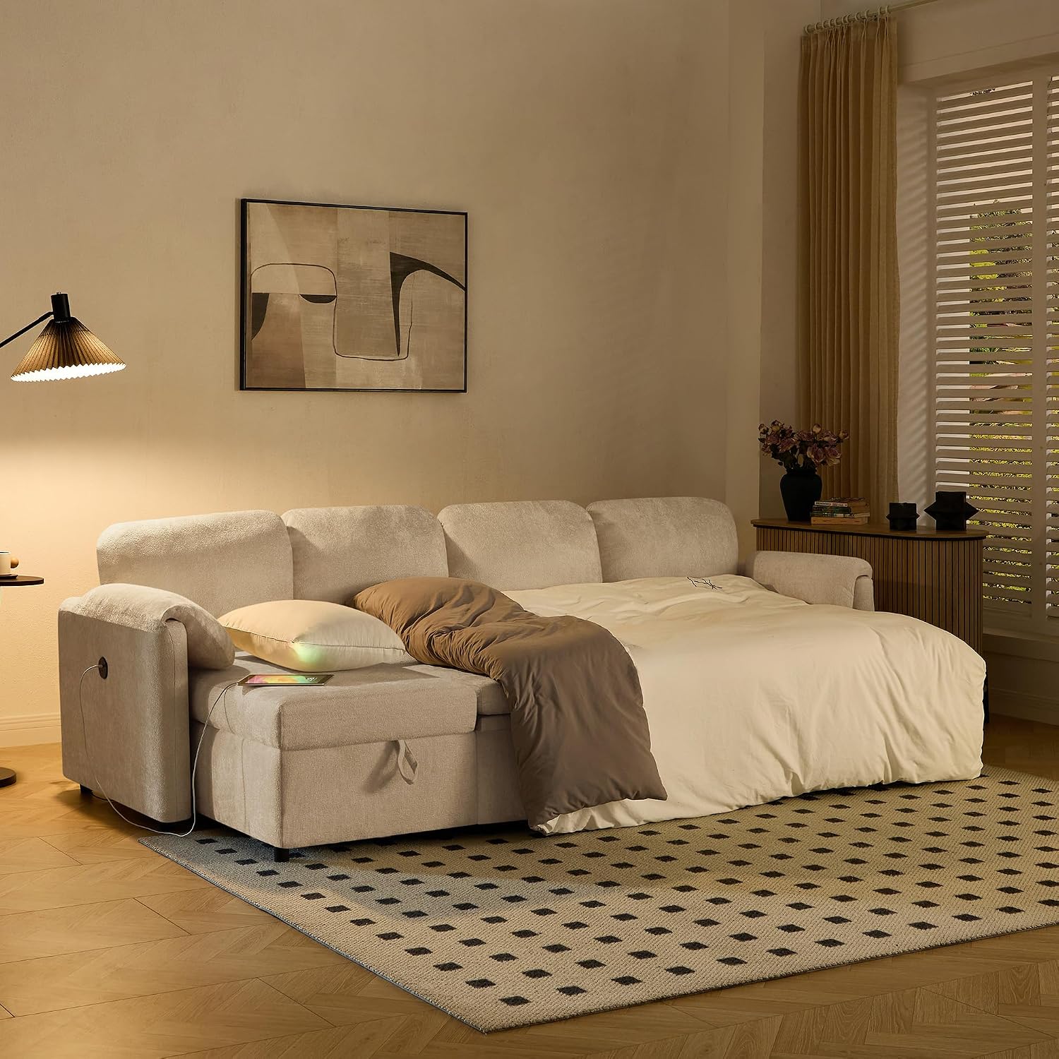 Tbfit 109'' Pull Out Sofa, Sleeper Sofa Bed with USB & 2 Storage Chaises, Comfy Oersized U Shaped Convertible Sectional Sleeper Couches for Living Room, Apartment, Office, White Sherpa
