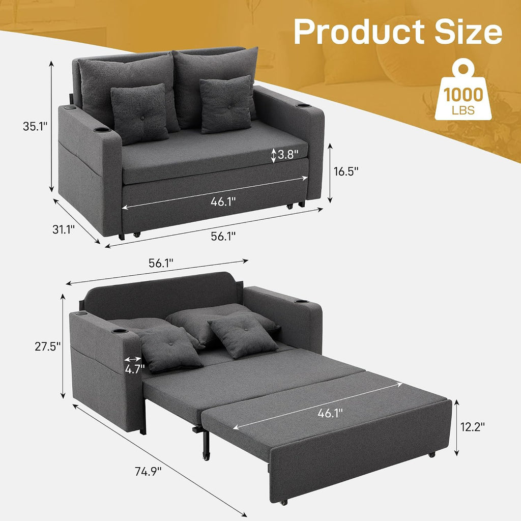 Busaurus 3 in 1 Convertible Sofa Bed, 56' Full Size Loveseat Sleeper Sofa Couch Bed, Sleeper Sofa Bed with Storage Pocket, USB, Comfy Pull Out Sofa Bed for Living Room, Bedroom, Small Space, Dark Grey
