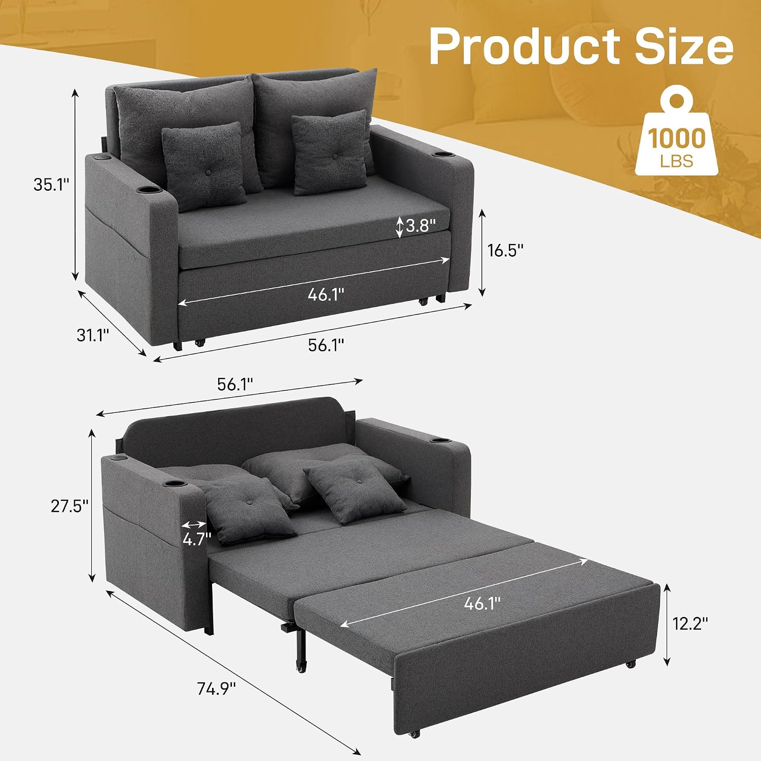 Busaurus 3 in 1 Convertible Sofa Bed, 56' Full Size Loveseat Sleeper Sofa Couch Bed, Sleeper Sofa Bed with Storage Pocket, USB, Comfy Pull Out Sofa Bed for Living Room, Bedroom, Small Space, Dark Grey