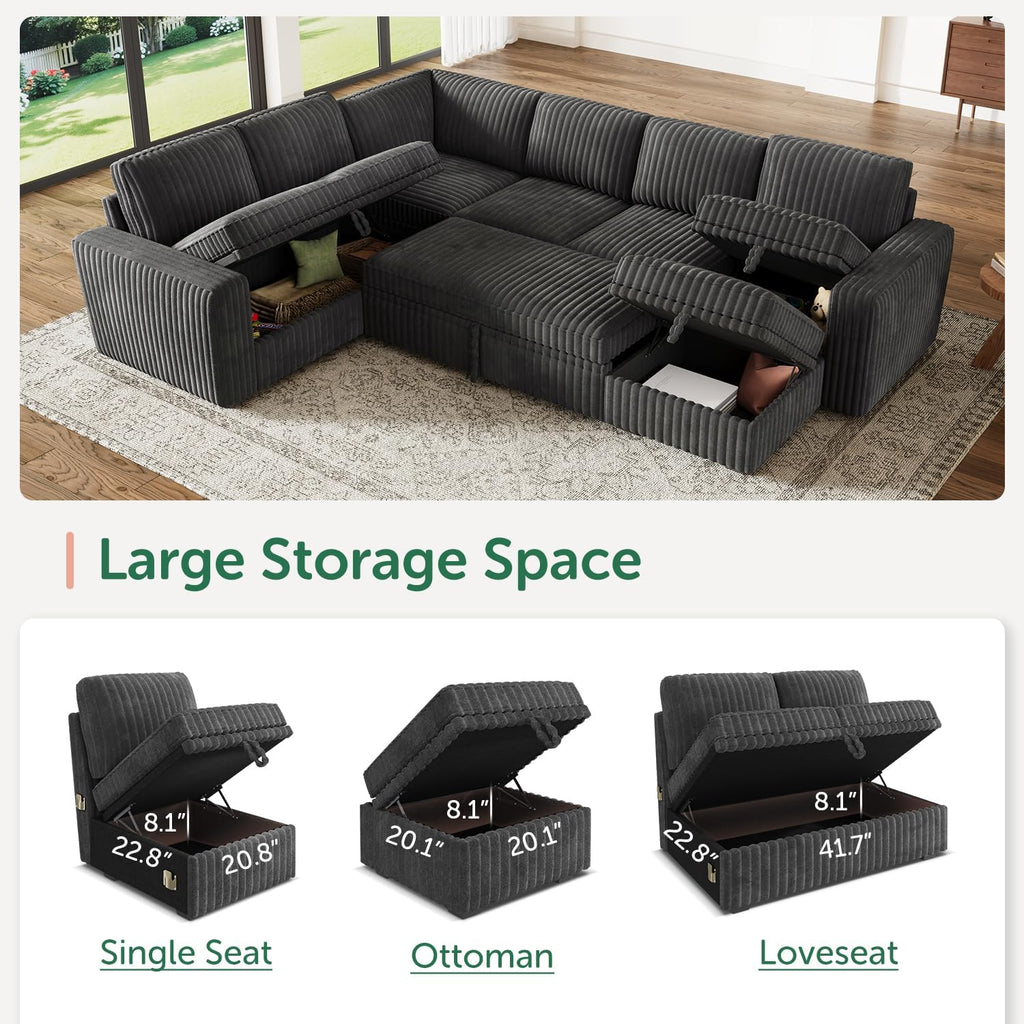 HONBAY Modular Sectional Sleeper Sofa with Pull Out Bed,Corduroy U Shaped Couch with Storage, Sectional Couches for Living Room,Dark Grey