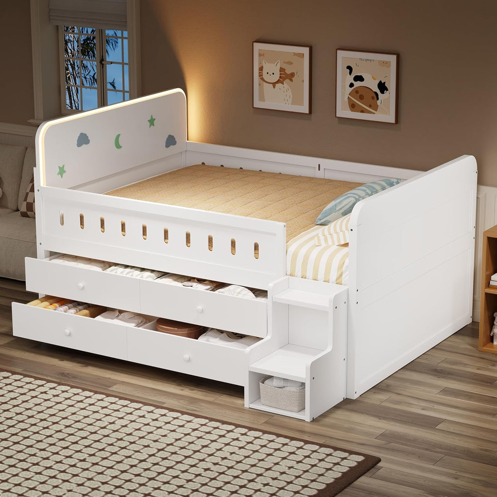 Harper & Bright Designs Kids Full Bed Frame with Drawers and LED Headboard,Wood Montessori Floor Platform Bed with 2-Steps Stairs and Safety Guardrails for Boys Girls,Space Saving,White