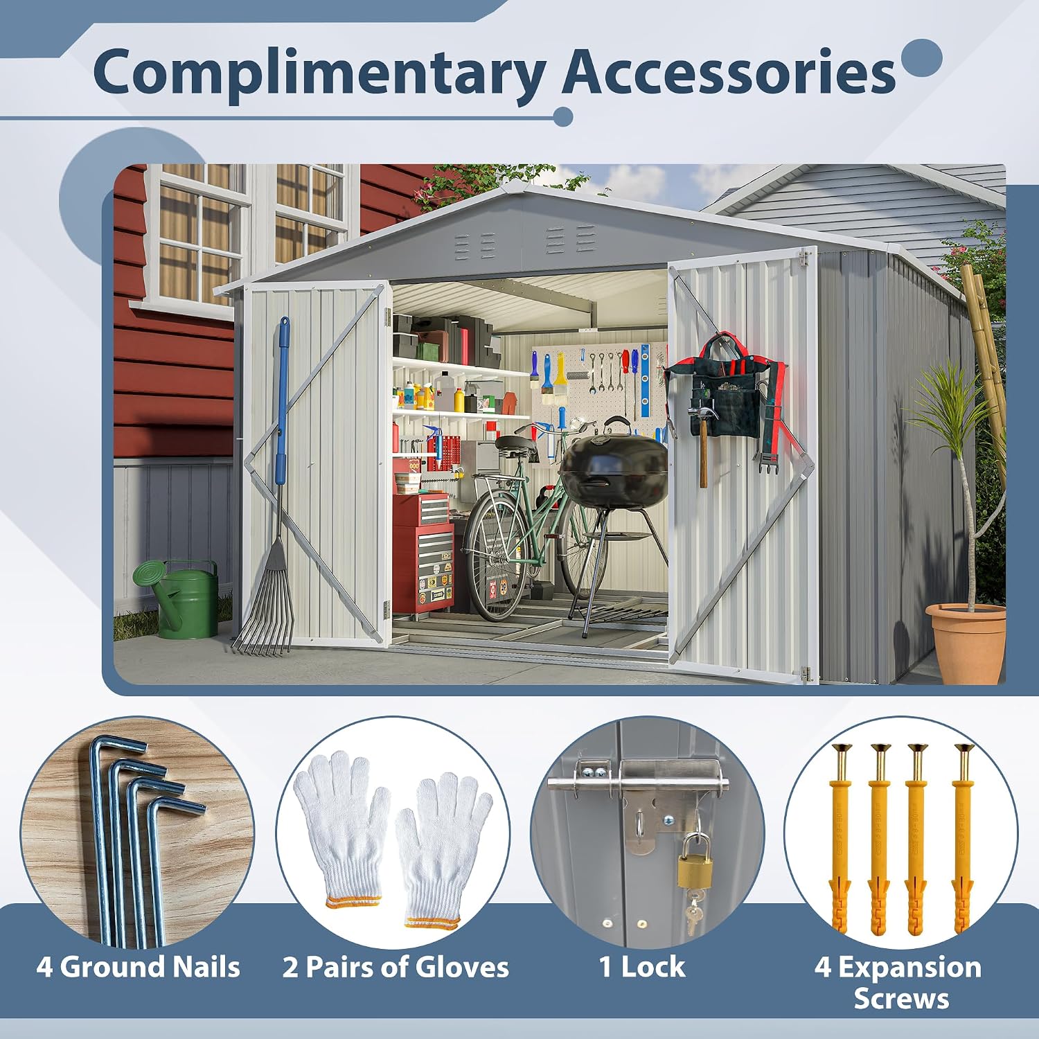 10x8 FT Outdoor Storage Shed with Lockable Double Doors, Aluminum Frame, Weatherproof with Frame Floor, Metal Tool Shed for Garden, Backyard, Patio, and Equipment Storage
