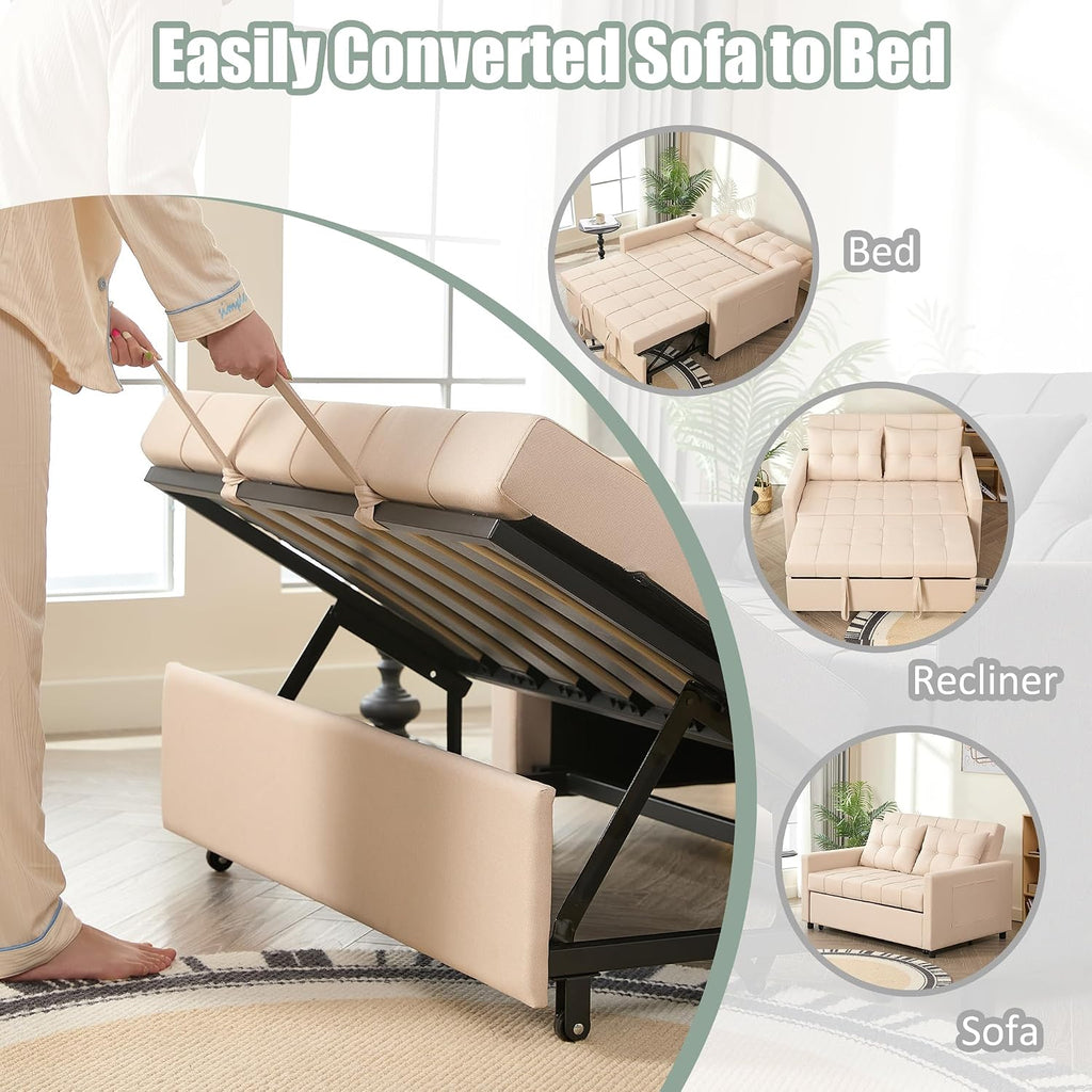 GOSUHI 52' Sleeper Sofa with Pull-Out Bed, 3-in-1 Convertible Sofa Bed, Set of Loveseat with Stepless Adjustable Backrest and Side Pocket, for Living Room Dorm Apartment, Linen, Beige
