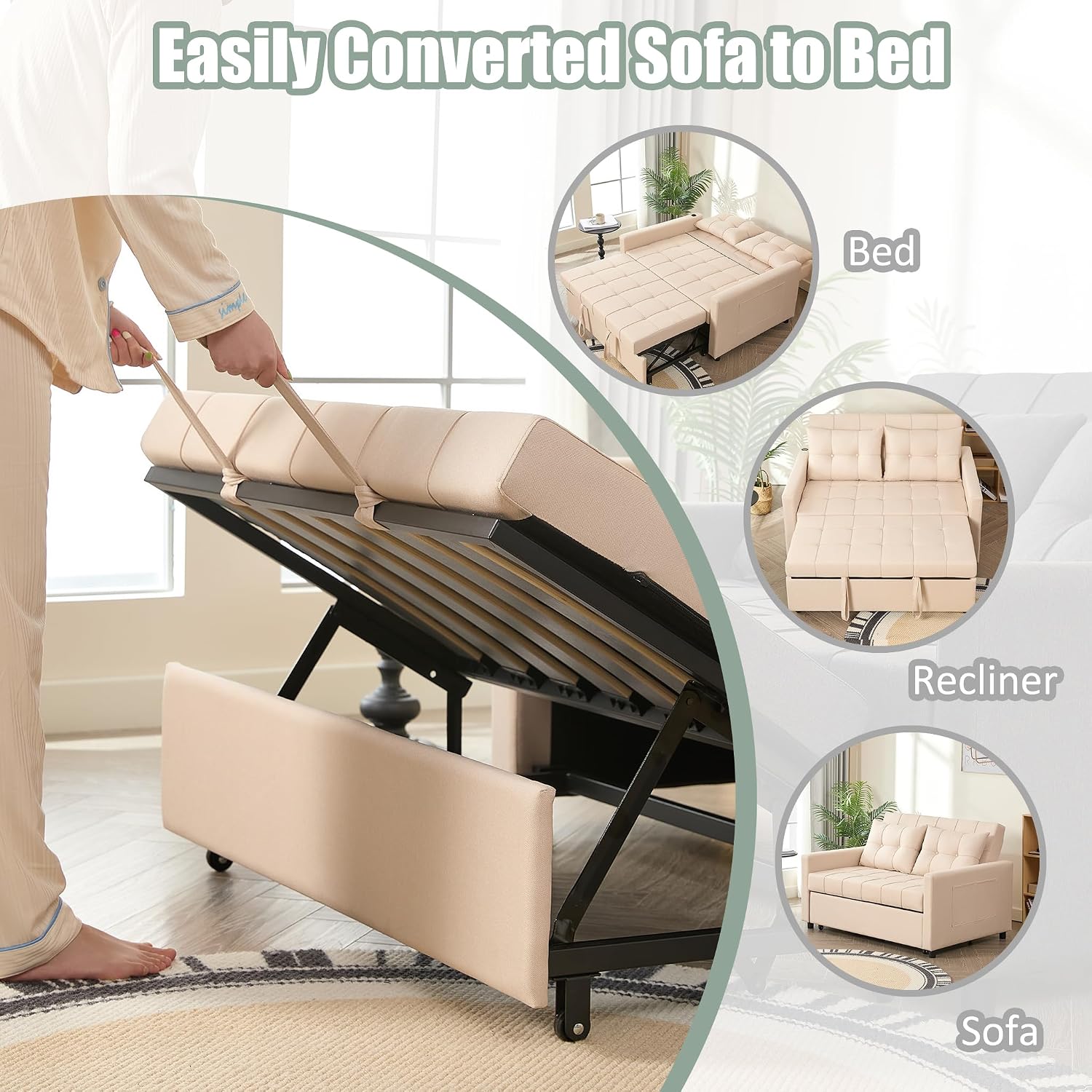 GOSUHI 52' Sleeper Sofa with Pull-Out Bed, 3-in-1 Convertible Sofa Bed, Set of Loveseat with Stepless Adjustable Backrest and Side Pocket, for Living Room Dorm Apartment, Linen, Beige