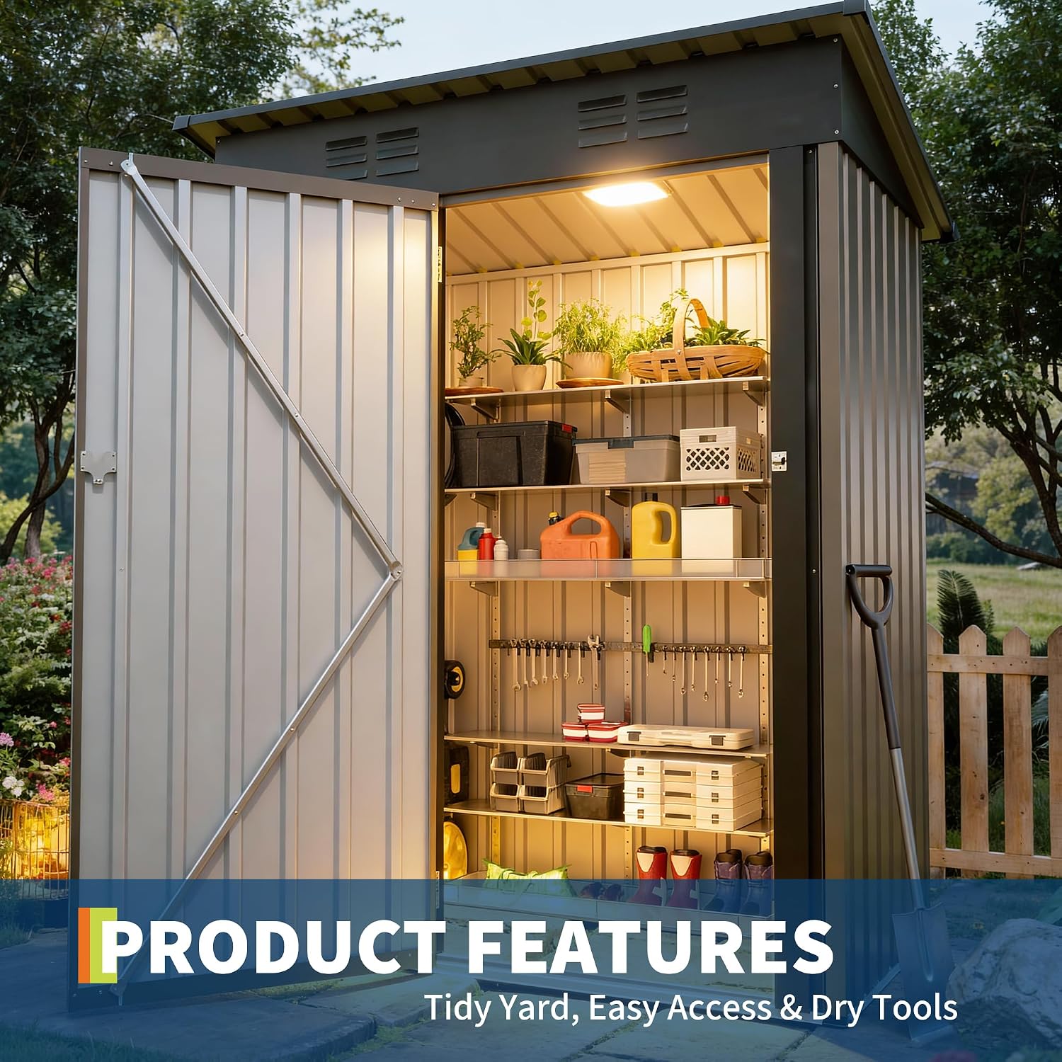 GarveeLife 5x3 FT Outdoor Storage Shed, Tool Shed with Sloping Roof and Lockable Door, Compact Metal Tool Garden Shed for Garden, Backyard, Patio (Brown)