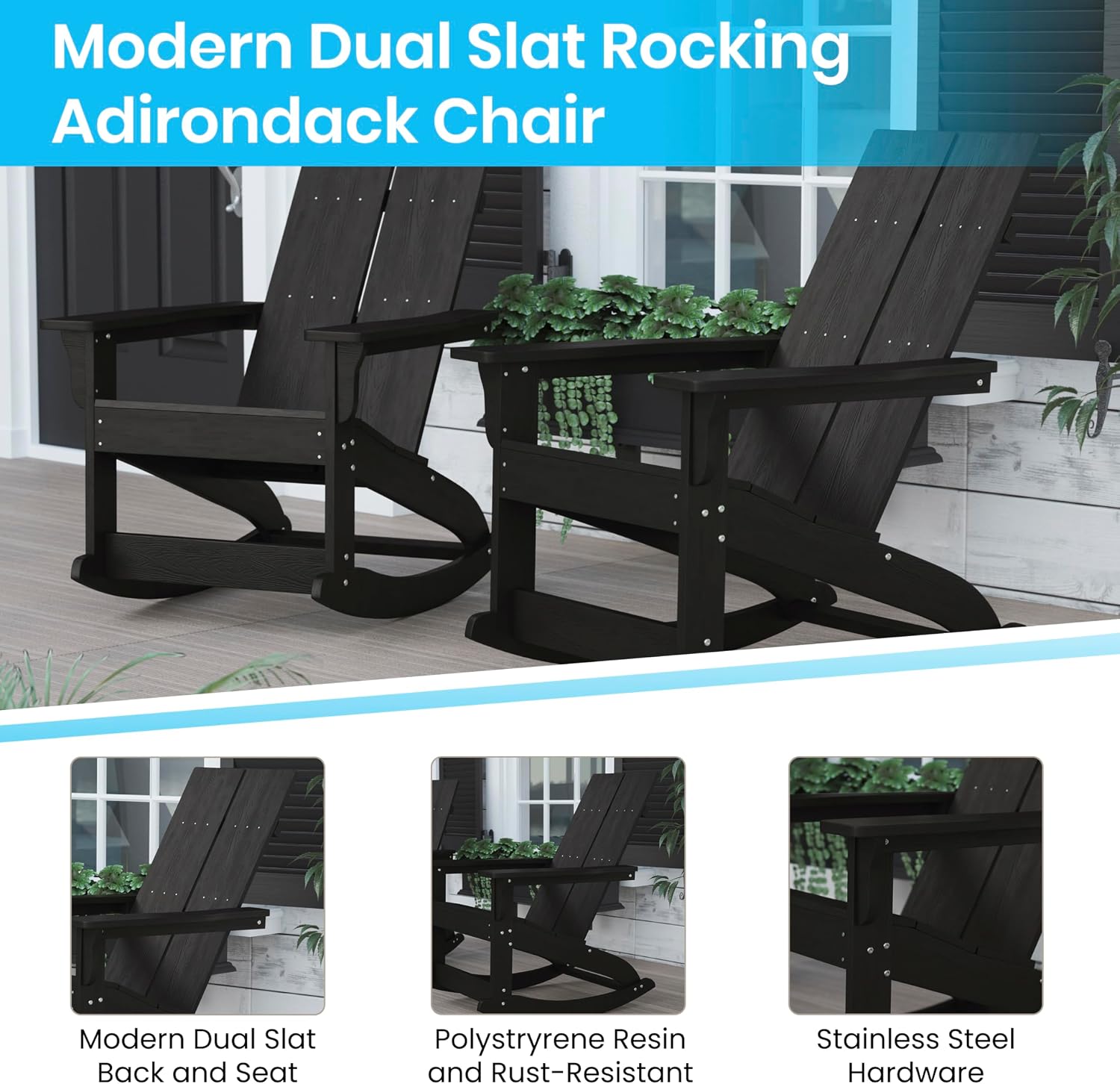 EMMA + OLIVER Harmon Adirondack Rocking Chair - Black Poly Resin - Suitable for Indoor/Outdoor Use - All Weather Materials - Easy Assembly - 350 lb. Weight Capacity