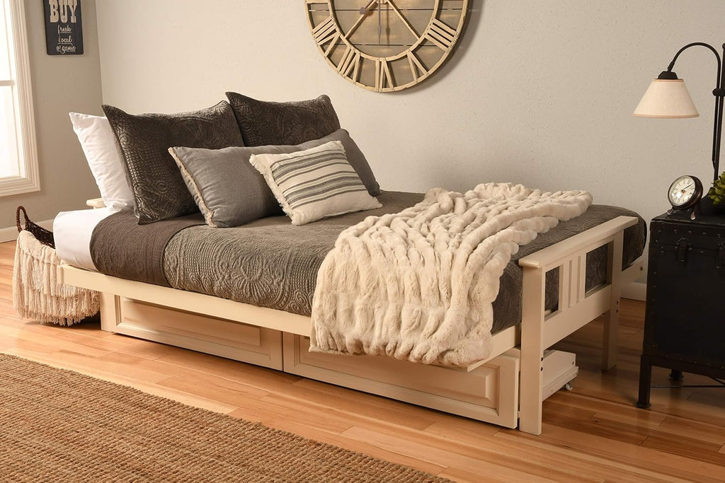 Kodiak Furniture Monterey Futon Set with Storage Drawers, with Antique White Base and Canadian Mattress
