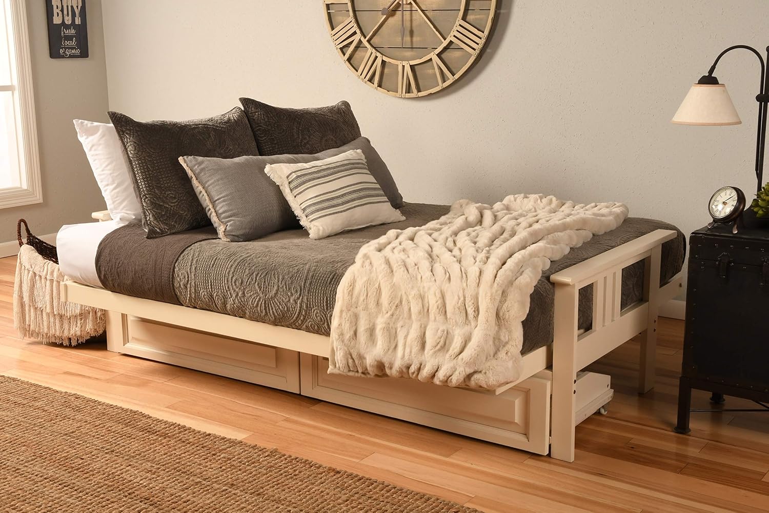 Kodiak Furniture Monterey Futon Set with Storage Drawers, with Antique White Base and Canadian Mattress