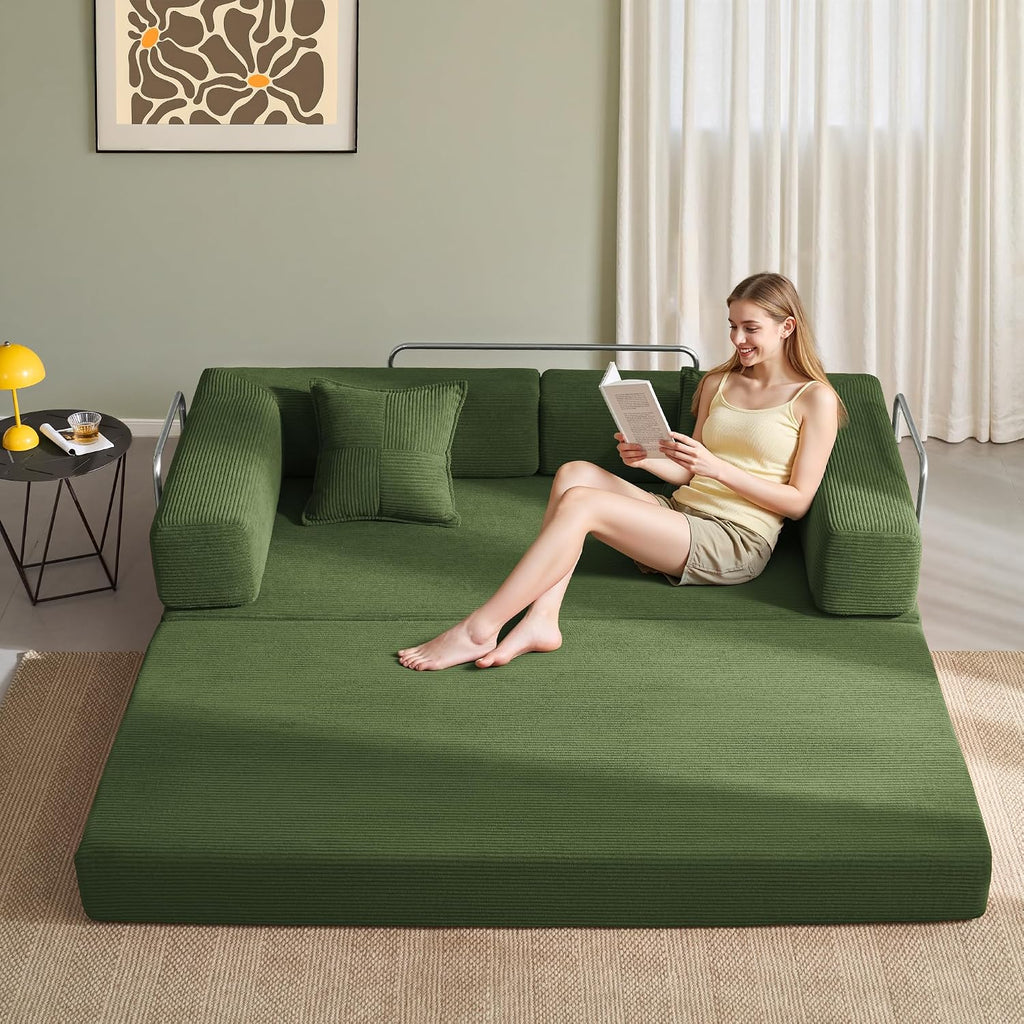 YINIX Foldable Sofa Bed, 78'' Folding Floor Couch, Compressed Convertable Sleeper Sofa, Memory Foam Couch with Pillow Back Support Armrest, 4-in-1 Futon Sofa Bed for Living Room, Green