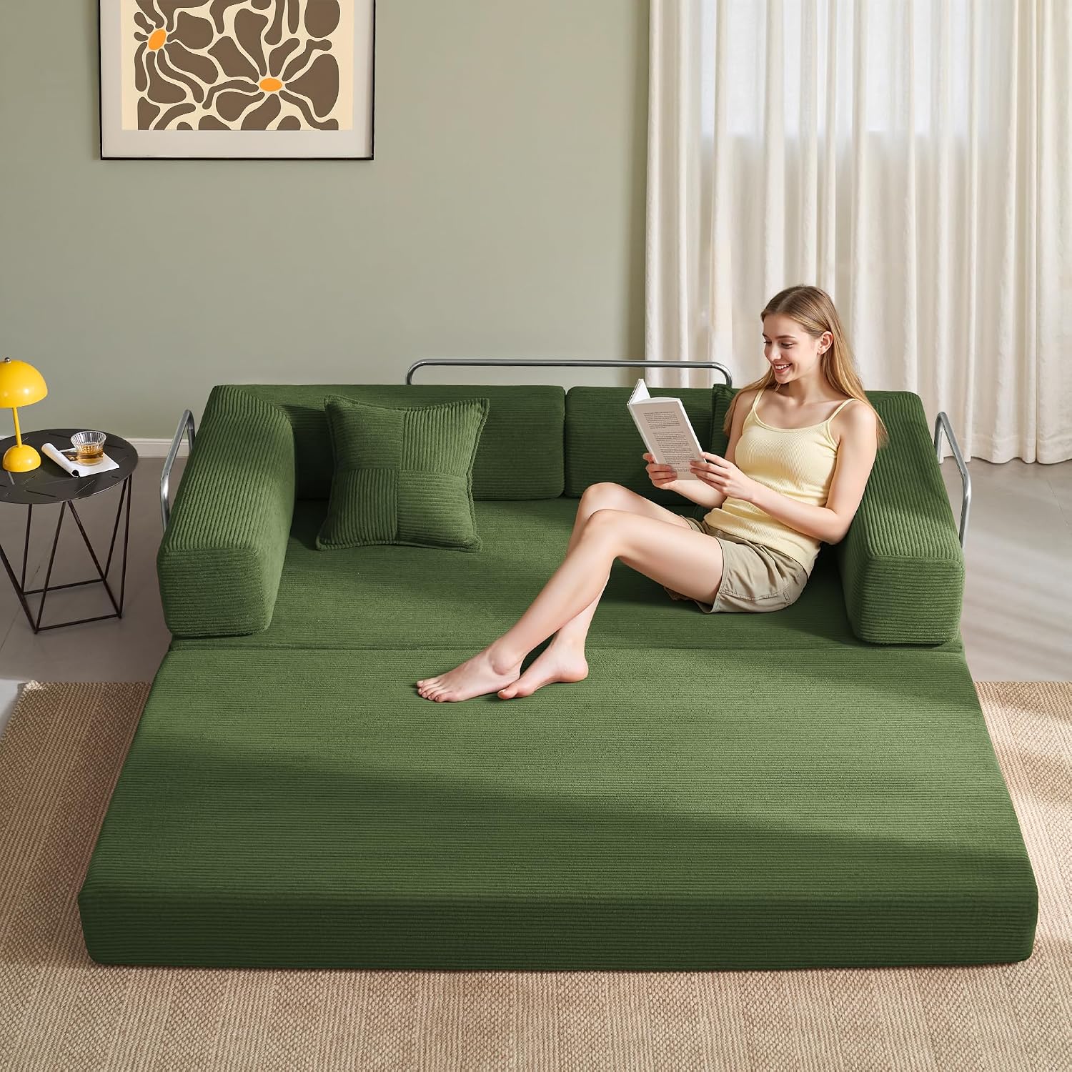 YINIX Foldable Sofa Bed, 78'' Folding Floor Couch, Compressed Convertable Sleeper Sofa, Memory Foam Couch with Pillow Back Support Armrest, 4-in-1 Futon Sofa Bed for Living Room, Green