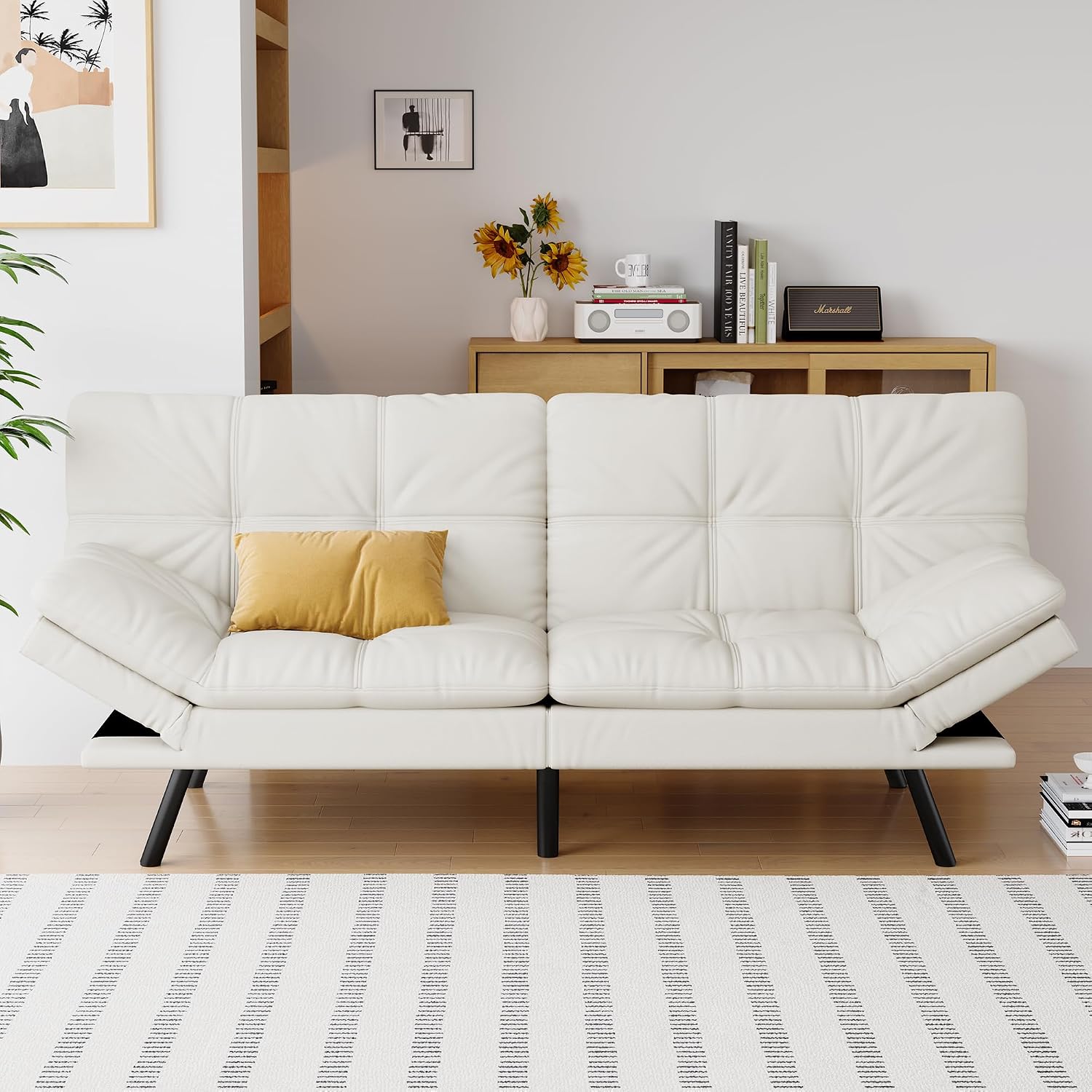 Futon Sofa Bed Convertible Couch, White Faux Leather Sofa Bed with Memory Foam, Adjustable Backrest & Armrests, Multifunctional Small Loveseat Sleeper Sofa for Living Room, Apartment, Office