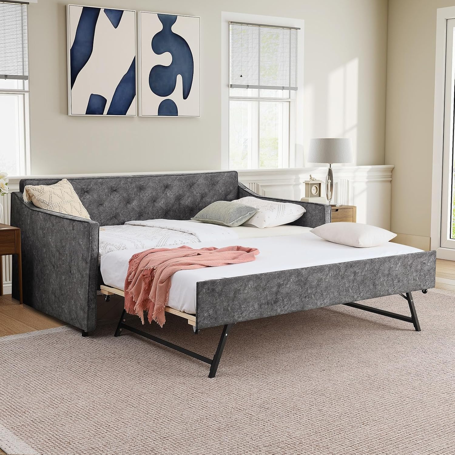 Antetek Daybed with Pop up Trundle, Fabric Upholstered Twin Size Day Bed Pull-Point Sofa Daybed Frame w/Twin Roll-Out Trundle/USB Port, Furniture for Bedroom, Living Room, Guest Room, Grey