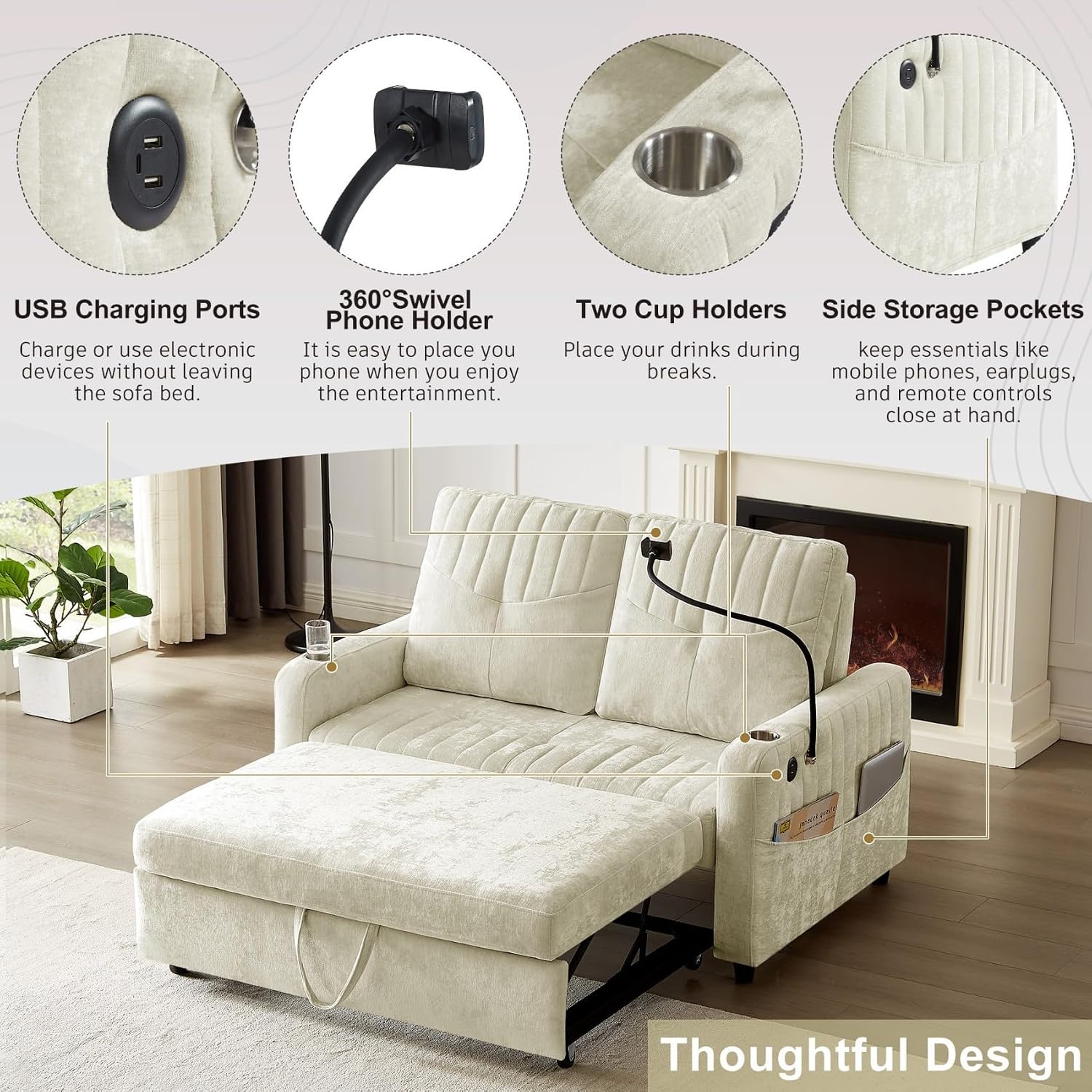Merax Chenille 3-in-1 Pull Out Sleeper Sofa Bed Couch, 54' Convertible Futon Loveseat with Adjustable Backrest, 2 Cup Holders, Phone Stand, 3 Charging Ports and Storage Pockets for Living Room, Beige