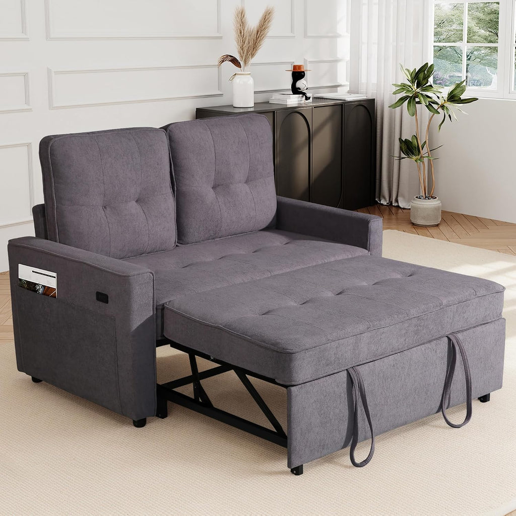 EJUNQ Pull Out Couch, Convertible Sofa Bed with USB and Reclining Backrest, Modern 3 in 1 Sleeper Sofa Couch Bed with Side Pockets, Comfortable Loveseat Sleeper for Small Spaces.((Gray)
