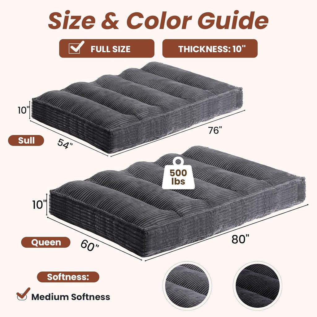 10' Futon Mattress Queen Size,Futons Sofa Couch Bed with Straps, Thick Corduroy Floor Mattress for Adults, Roll Up Folding Mattress Shredded Foam Filling, Medium Firm (Gray, Full)