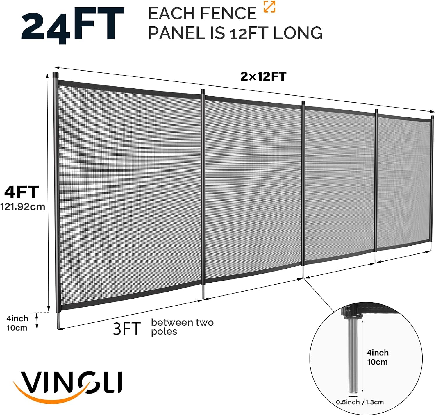 VINGLI 4Ft x 24Ft Black Pool Fence Swimming Pool Fence in Ground Pool Safety Fencing