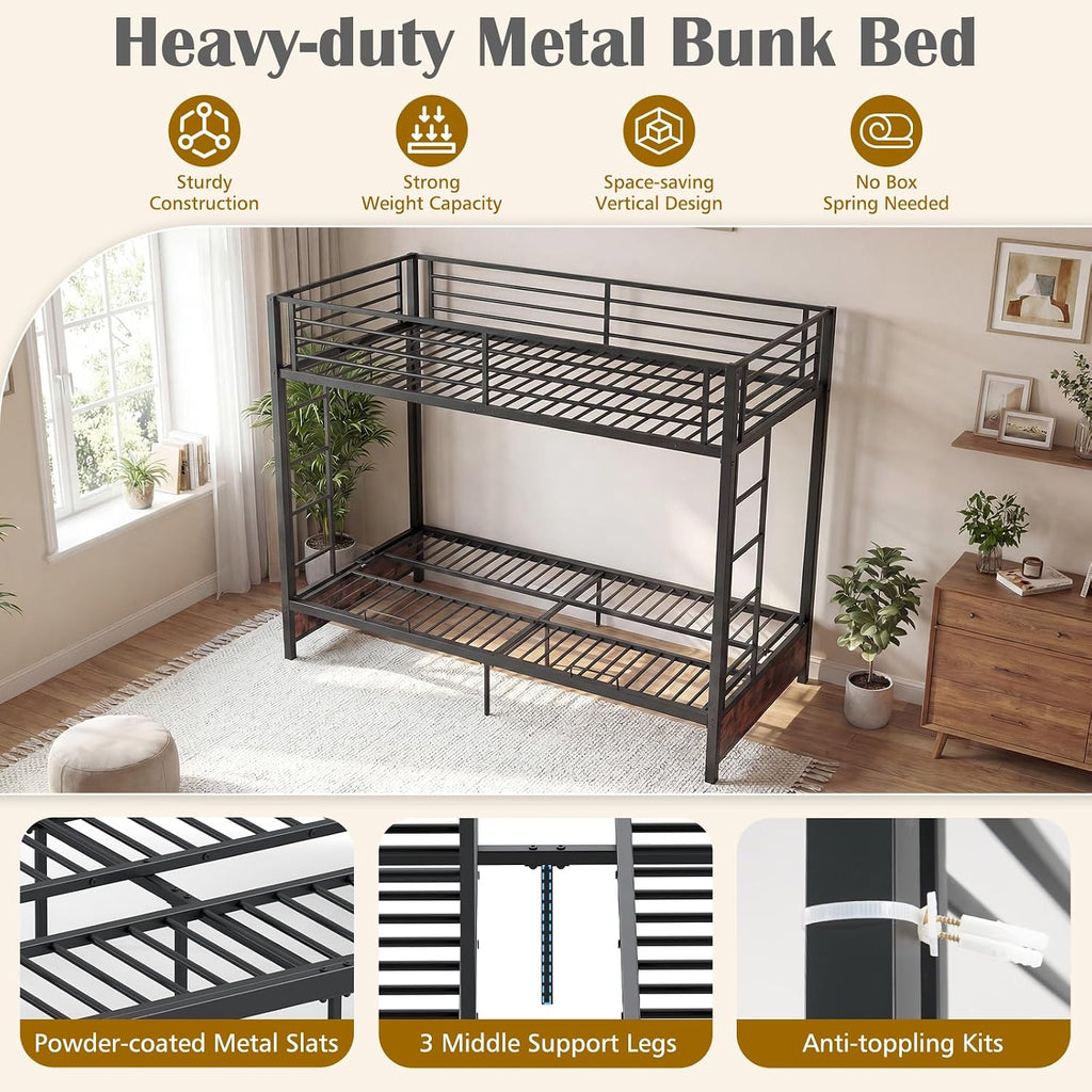 Giantex Twin Over Twin Futon Bunk Bed, Convertible Metal Bunk Bed with Futon Frame, 2 Ladders & Safety Guardrails, Heavy Duty Sofa Couch Beds with Under-Bed Space, for Kids, Adults (Rustic Brown)