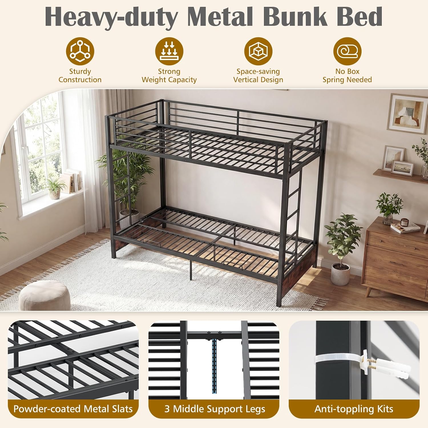 Giantex Twin Over Twin Futon Bunk Bed, Convertible Metal Bunk Bed with Futon Frame, 2 Ladders & Safety Guardrails, Heavy Duty Sofa Couch Beds with Under-Bed Space, for Kids, Adults (Rustic Brown)