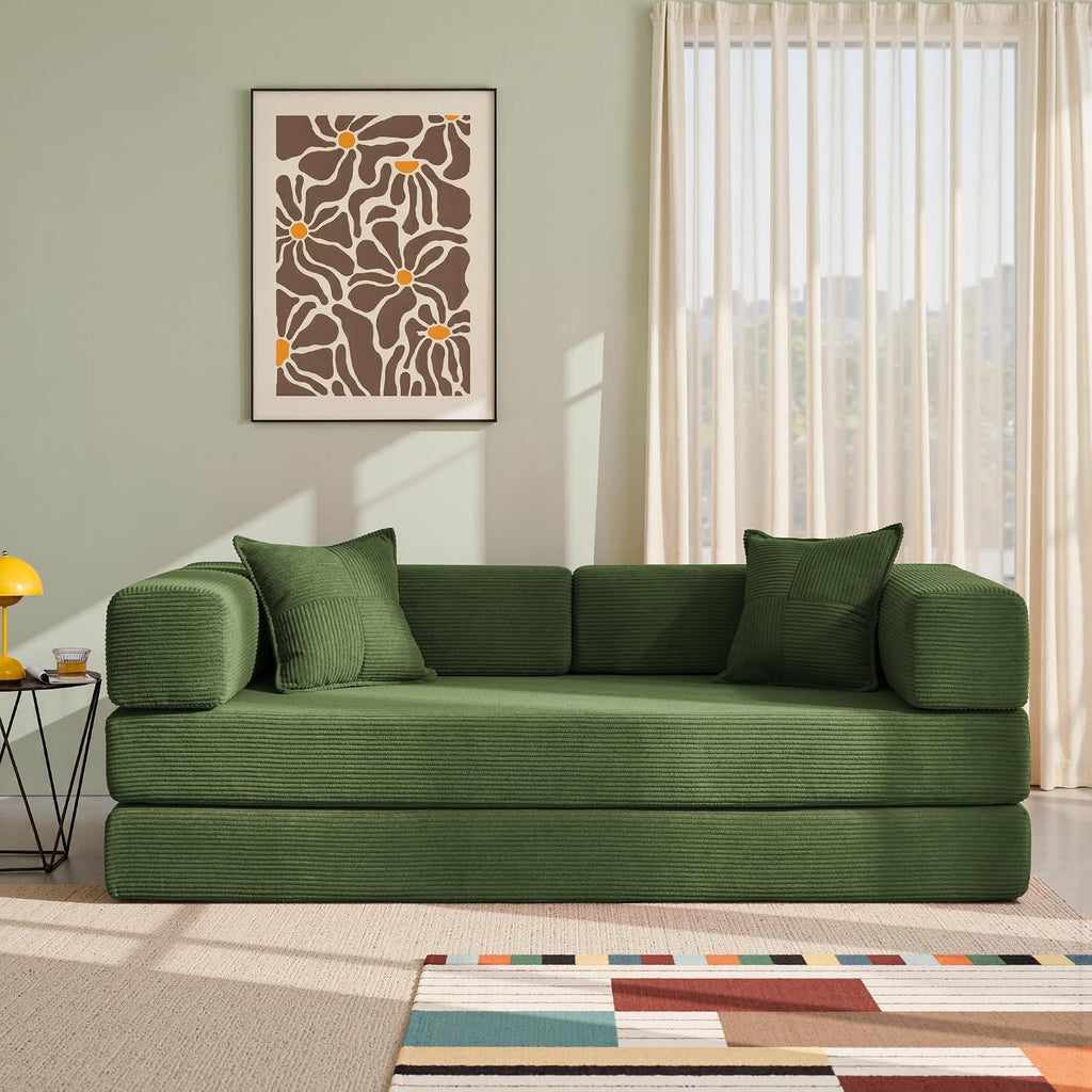 YINIX Foldable Sofa Bed, 78'' Folding Floor Couch, Compressed Convertable Sleeper Sofa, Memory Foam Couch with Pillow Back Support Armrest, 4-in-1 Futon Sofa Bed for Living Room, Green