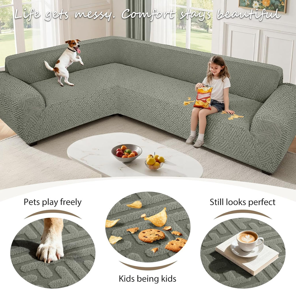 Sectional Couch Covers L Shape Sofa Cover 1-Piece Stretch Corner Couch Covers Non Slip Washable Sofa Slipcovers Soft Fleece Furniture Protector for Dogs Pet (Medium, Grayish Green)