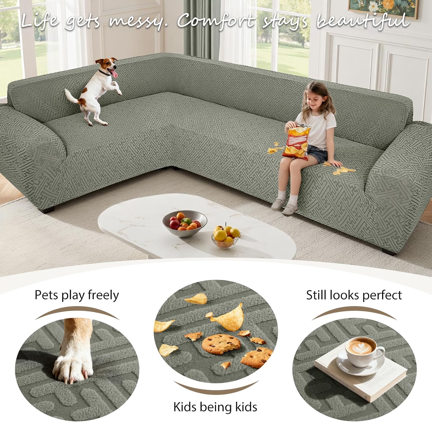 Sectional Couch Covers L Shape Sofa Cover 1-Piece Stretch Corner Couch Covers Non Slip Washable Sofa Slipcovers Soft Fleece Furniture Protector for Dogs Pet (Medium, Grayish Green)