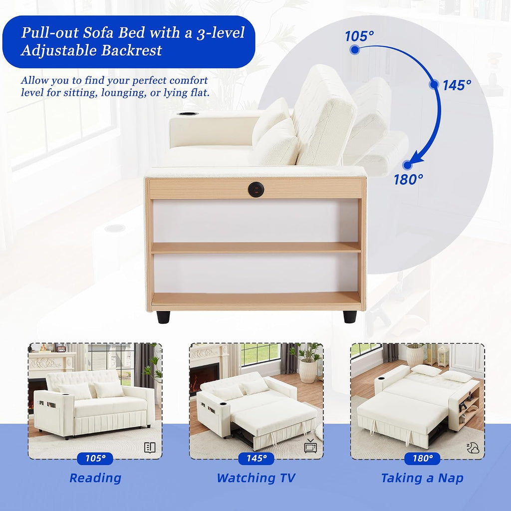 Merax Pull-Out Sleeper Sofa Bed with Reversible Backrest and Storage Shelves, 3 in 1 Foton Couch with USB Ports & Phone Holder, Chenille Loveseat with Pillows for Living Room, Beige