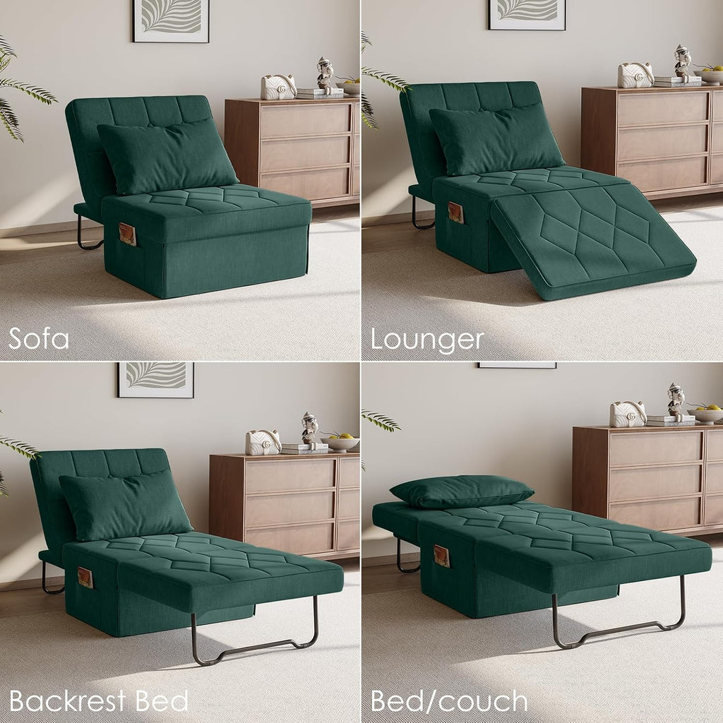 Ottoman Bed with 5-Level Adjustable Backrest, 74' D x 28' W 4-in-1 Convertible Sleeper Chair Bed, Folding Sofa Bed for Living Room, Apartment, Dorm & Small Space, Green