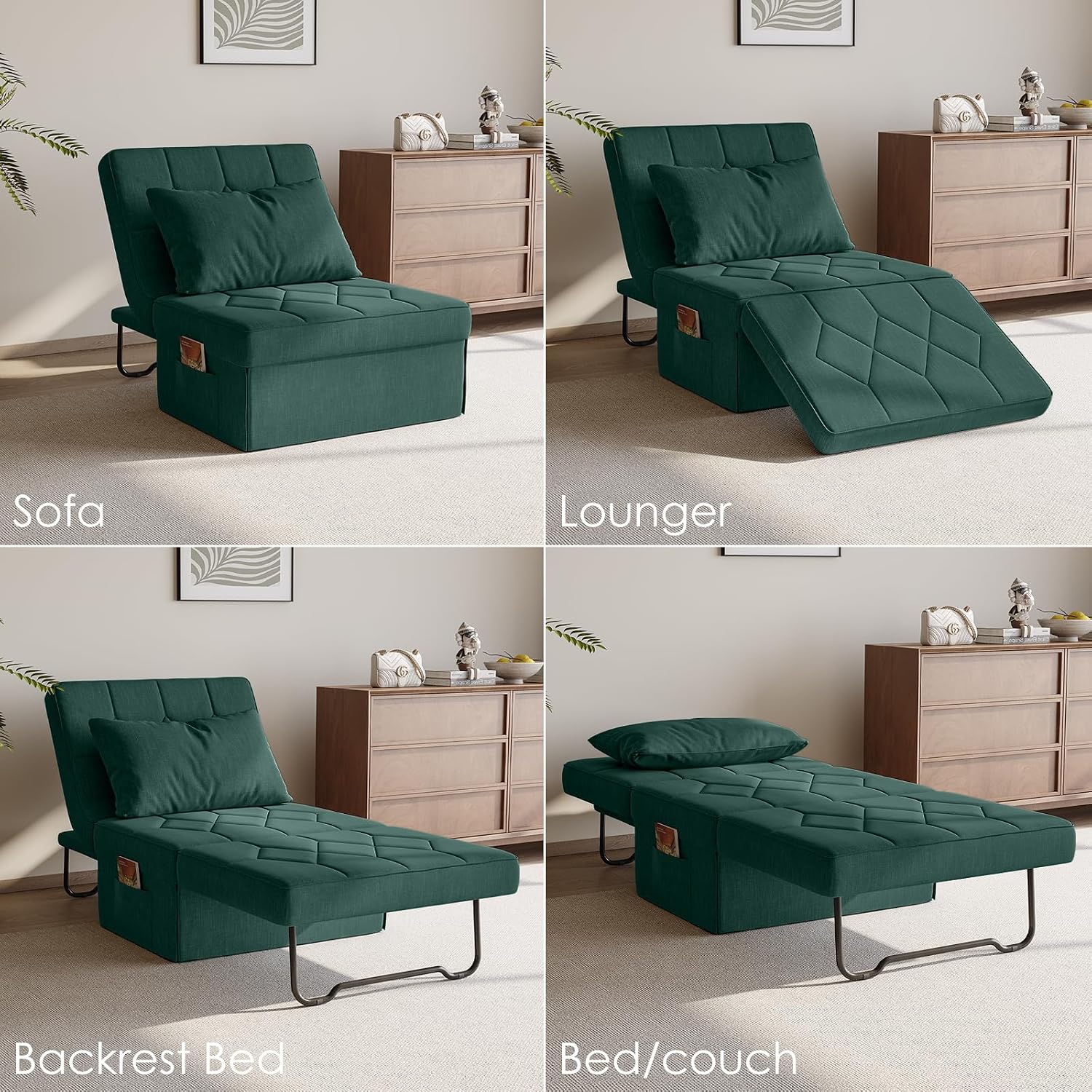 Ottoman Bed with 5-Level Adjustable Backrest, 74' D x 28' W 4-in-1 Convertible Sleeper Chair Bed, Folding Sofa Bed for Living Room, Apartment, Dorm & Small Space, Green
