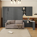 Merax Farmhouse Multi-Functional Murphy Bed with Sofa, Desk & Storage Cabinet,Solid Wood Foldable Wall Bed with/w/USB Charging Station Space Saving/No Box Spring Needed/Queen, Gray +Beige