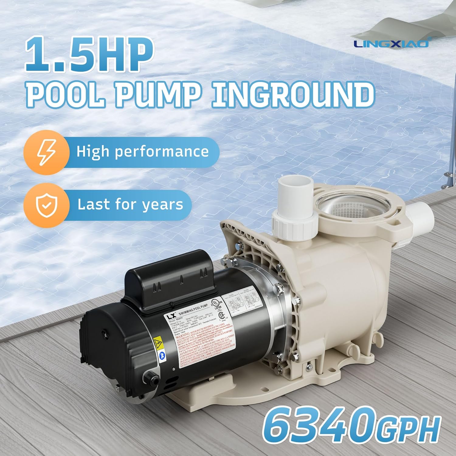 Single Speed Pool Pump 1.5HP, 115/208-230V, 6340GPH, In/Above Pool Pump, Low Nosie, High Flow, Powerful Self Primming Swimming Pool Pumps Inground with 2'/1.5' Fittings - 2 Year Warranty