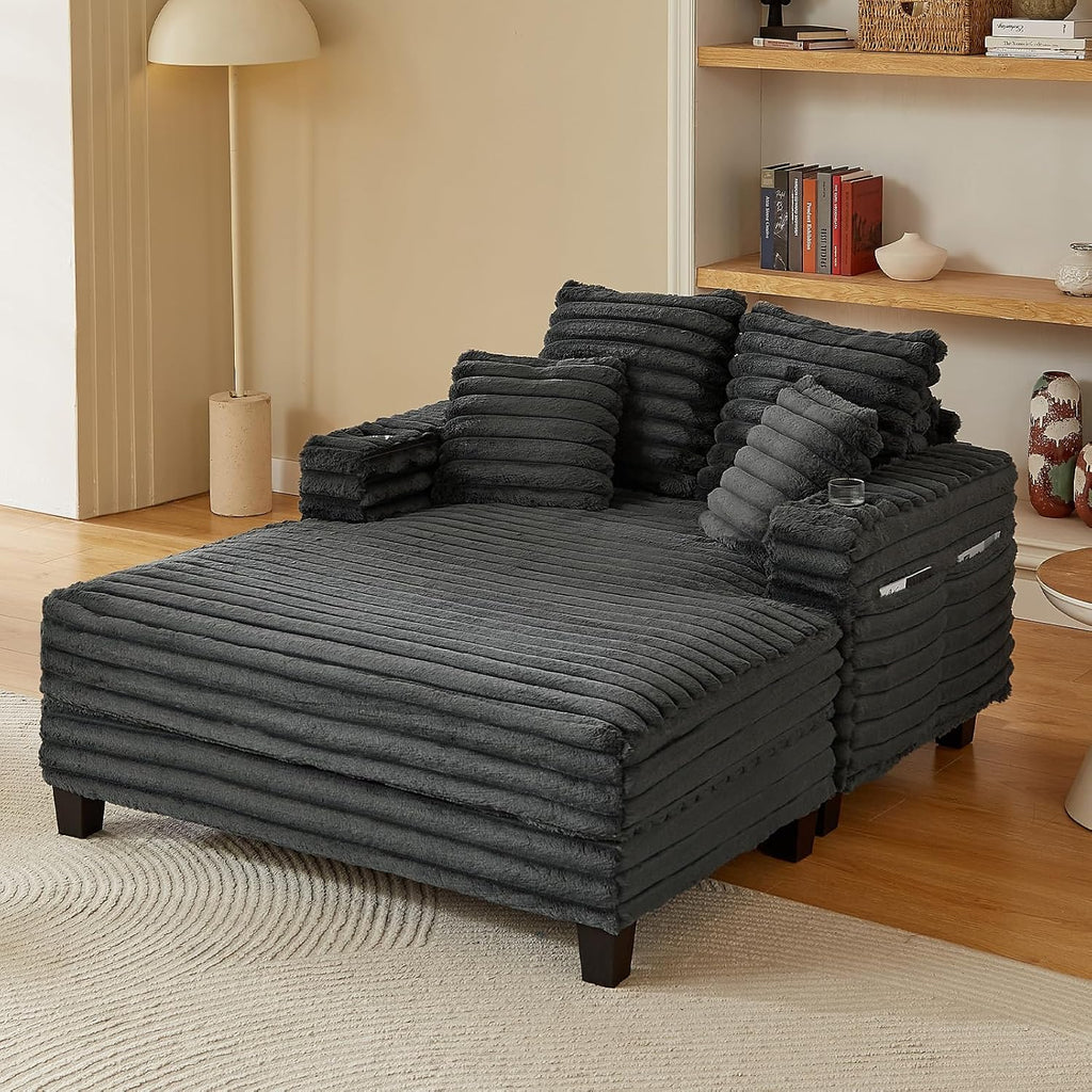 Amsleekey 64' Chaise Lounge Chair Indoor, Oversized Sleeper Chair with Wood Frame, Upholstered Sofa Bed for Living Room, Movie Room, Bedroom with 4 Storage Pockets&2 Cup Holders(Plush Corduroy, Grey)