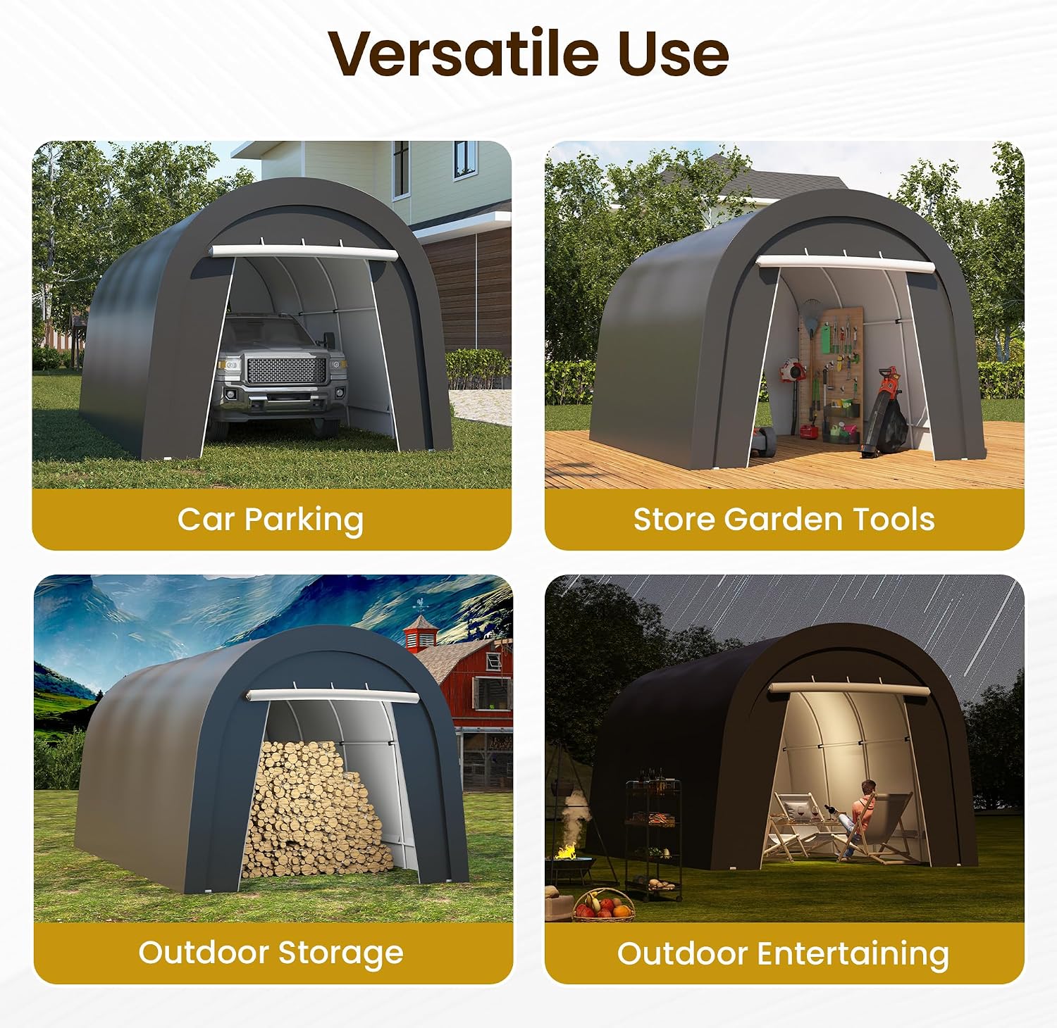 Kiss the Water Domed Carport with 4 Cloth Bags, Portable Garage with 2 Roll-up Doors, Heavy Duty Car Canopy Party Tent, All-Season Storage Shelter Shed for Cars, Truck, or Garden Tools, 10' x 20'