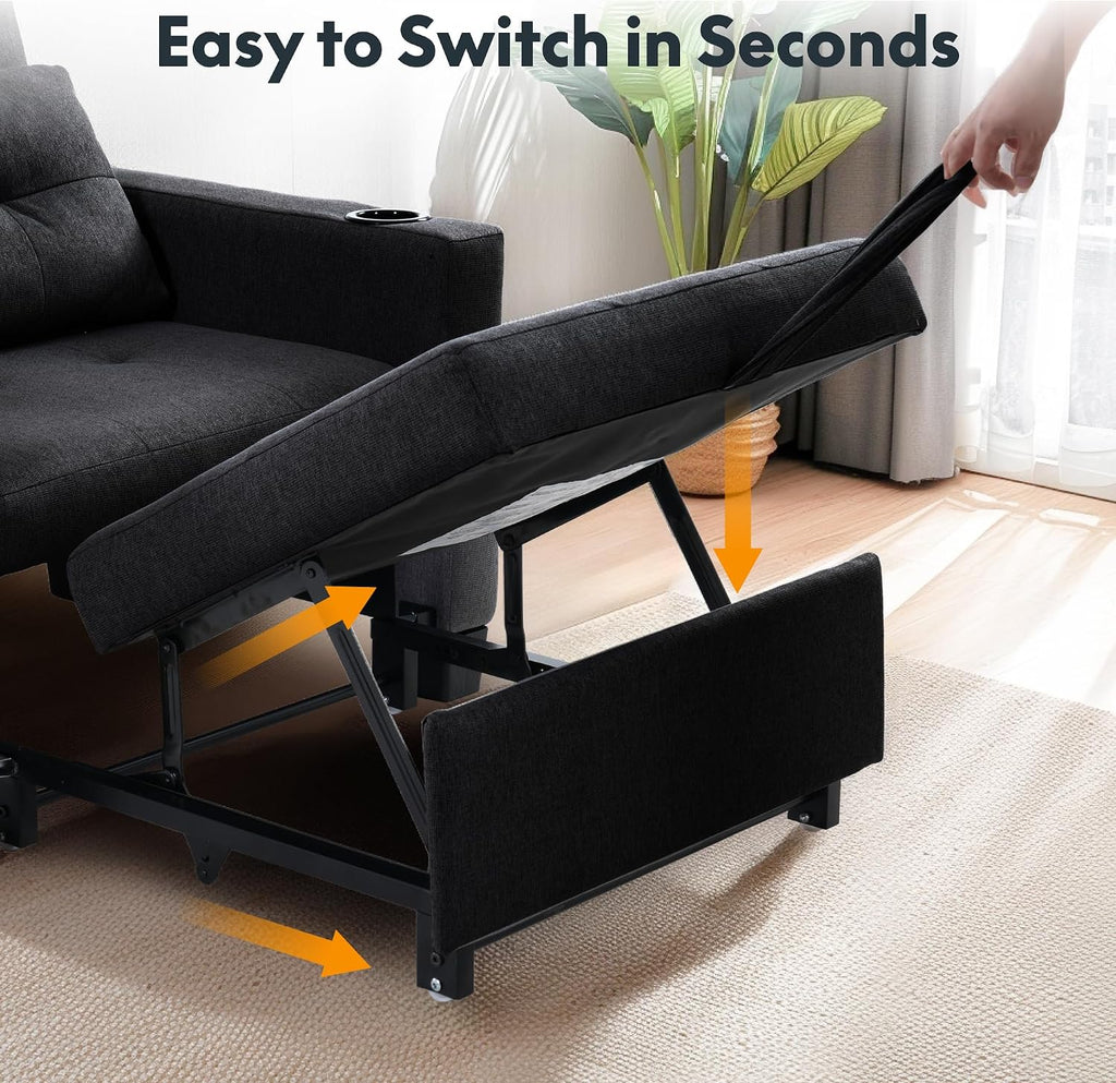 FLEXISPOT XCT2 Sleeper Chair Bed with USB Ports & Cup Holders, 3-in-1 Convertible Sofa Bed for Living Room, Pull-Out Sofa Chair with Pillows, Adjustable Backrest, Small Space Furniture (Black)