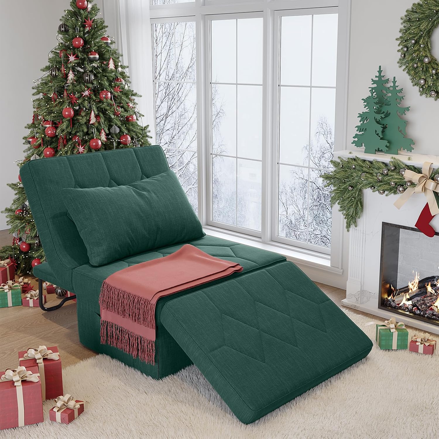 Ottoman Bed with 5-Level Adjustable Backrest, 74' D x 28' W 4-in-1 Convertible Sleeper Chair Bed, Folding Sofa Bed for Living Room, Apartment, Dorm & Small Space, Green