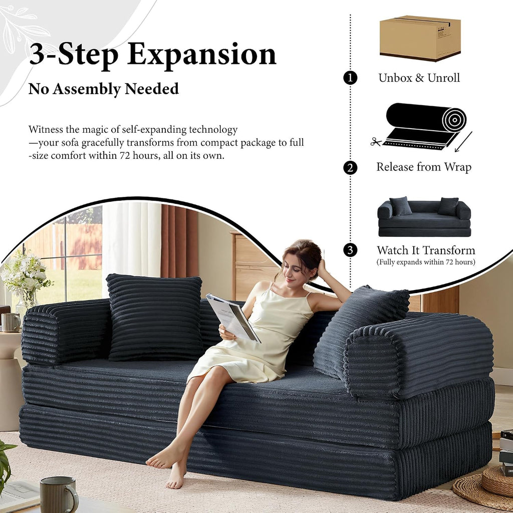 Boneless Couch Futon Sofa Bed Sectional Couches for Living Room,Cloud Couch with Sleeper Sofa,Sofas for Living Room Oversized Corduroy Upholstered (Gray, 76 Inches (No Iron Frame))